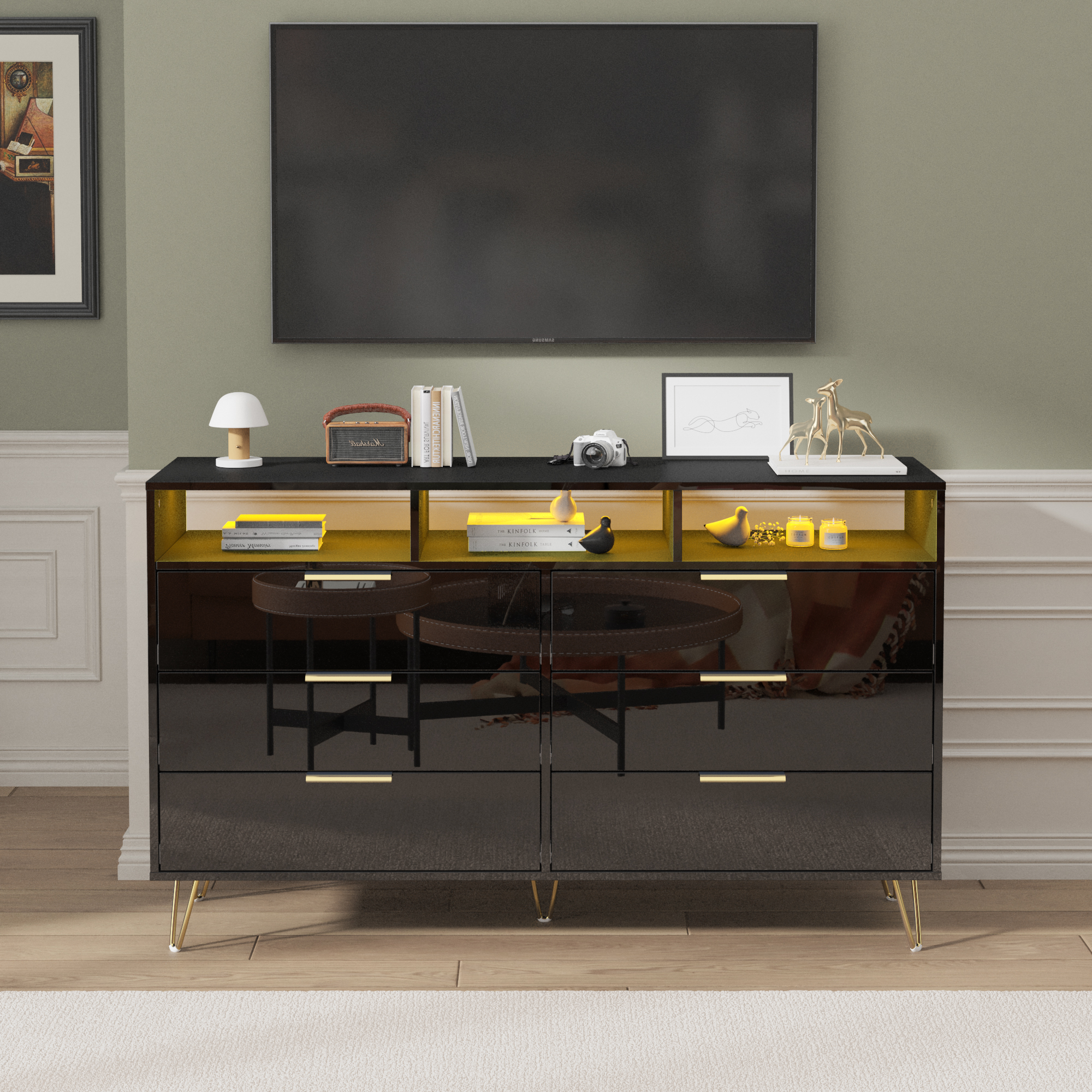 ChVans Black Dresser with LED Lights for Bedroom, Modern Wood Dresser with Wide Drawers and Metal Handles, 6 drawer dresser for Kids Living Room, Bedroom, Hallway