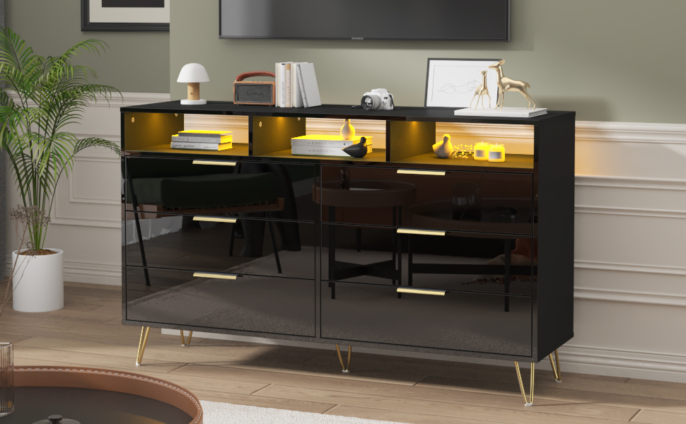 ChVans Black Dresser with LED Lights for Bedroom, Modern Wood Dresser with Wide Drawers and Metal Handles, 6 drawer dresser for Kids Living Room, Bedroom, Hallway