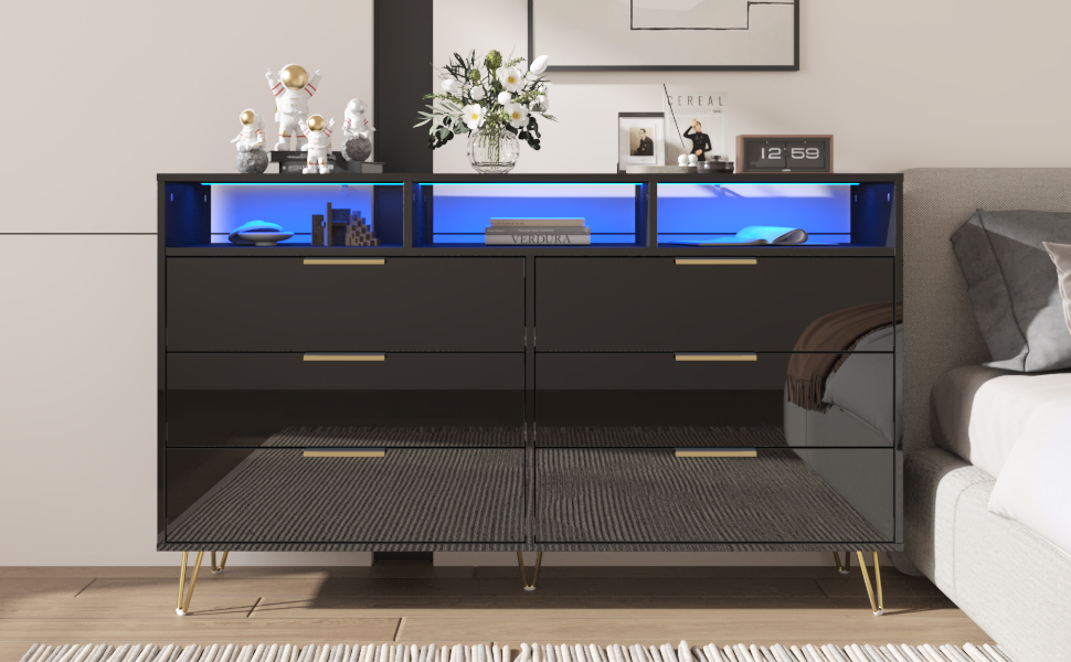 ChVans Black Dresser with LED Lights for Bedroom, Modern Wood Dresser with Wide Drawers and Metal Handles, 6 drawer dresser for Kids Living Room, Bedroom, Hallway