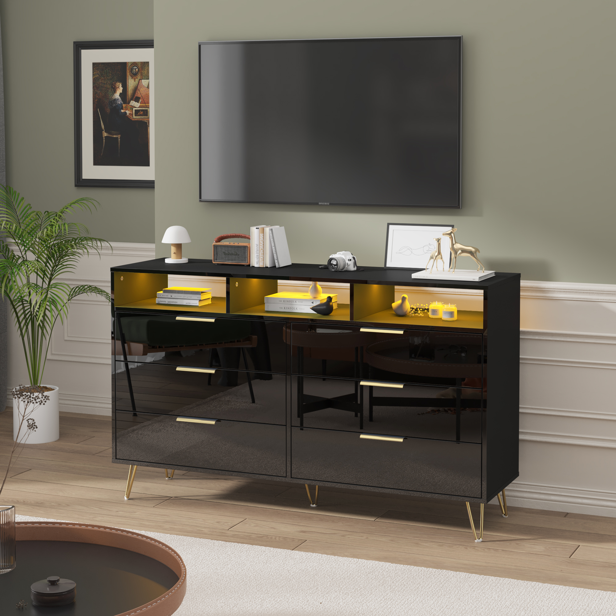 ChVans Black Dresser with LED Lights for Bedroom, Modern Wood Dresser with Wide Drawers and Metal Handles, 6 drawer dresser for Kids Living Room, Bedroom, Hallway