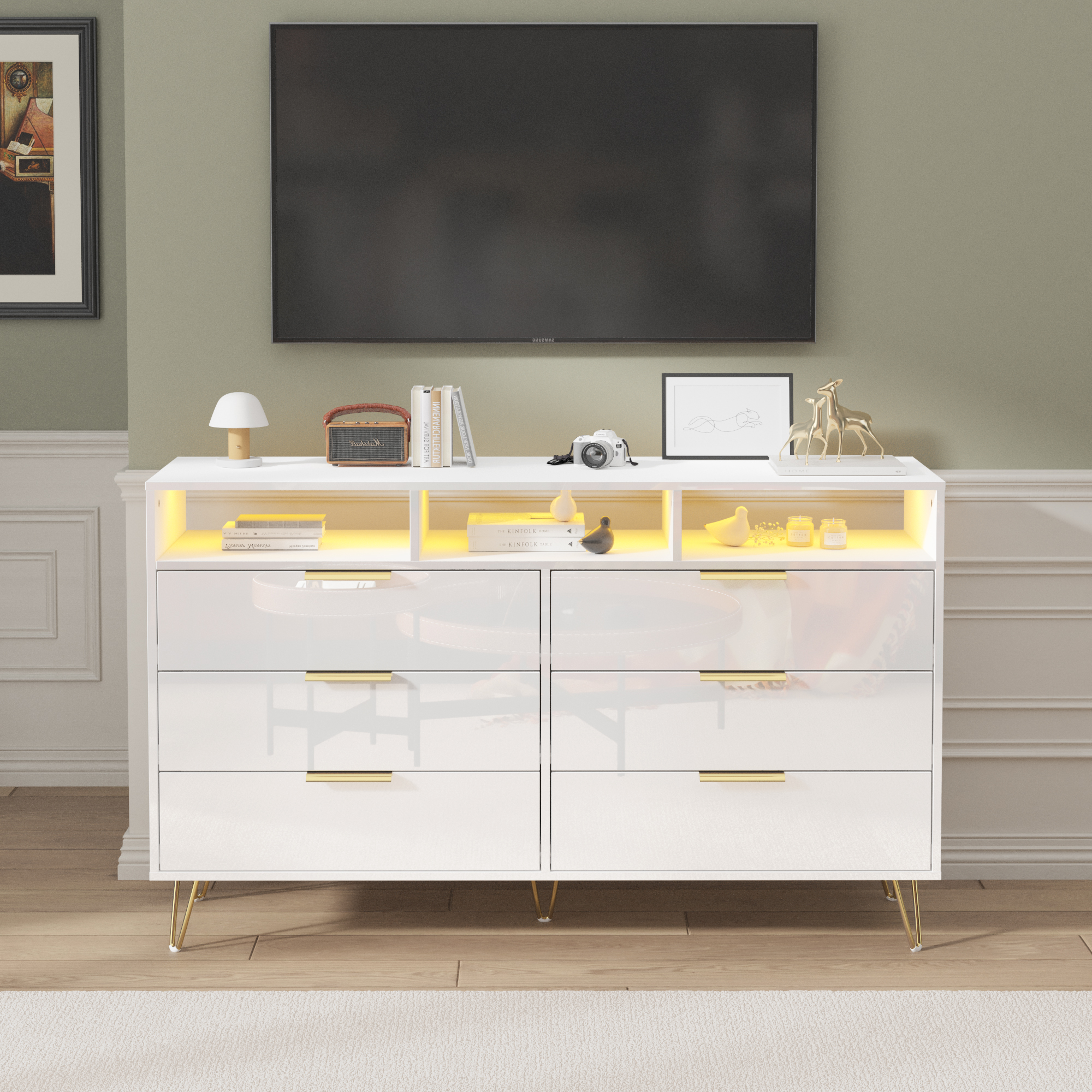 ChVans Black Dresser with LED Lights for Bedroom, Modern Wood Dresser with Wide Drawers and Metal Handles, 6 drawer dresser for Kids Living Room, Bedroom, Hallway