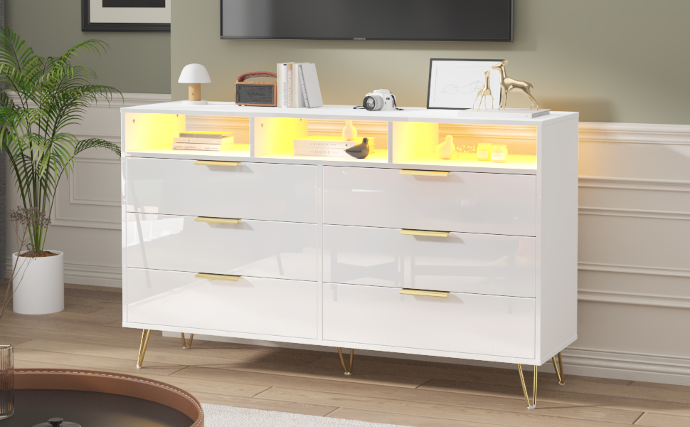 ChVans Black Dresser with LED Lights for Bedroom, Modern Wood Dresser with Wide Drawers and Metal Handles, 6 drawer dresser for Kids Living Room, Bedroom, Hallway