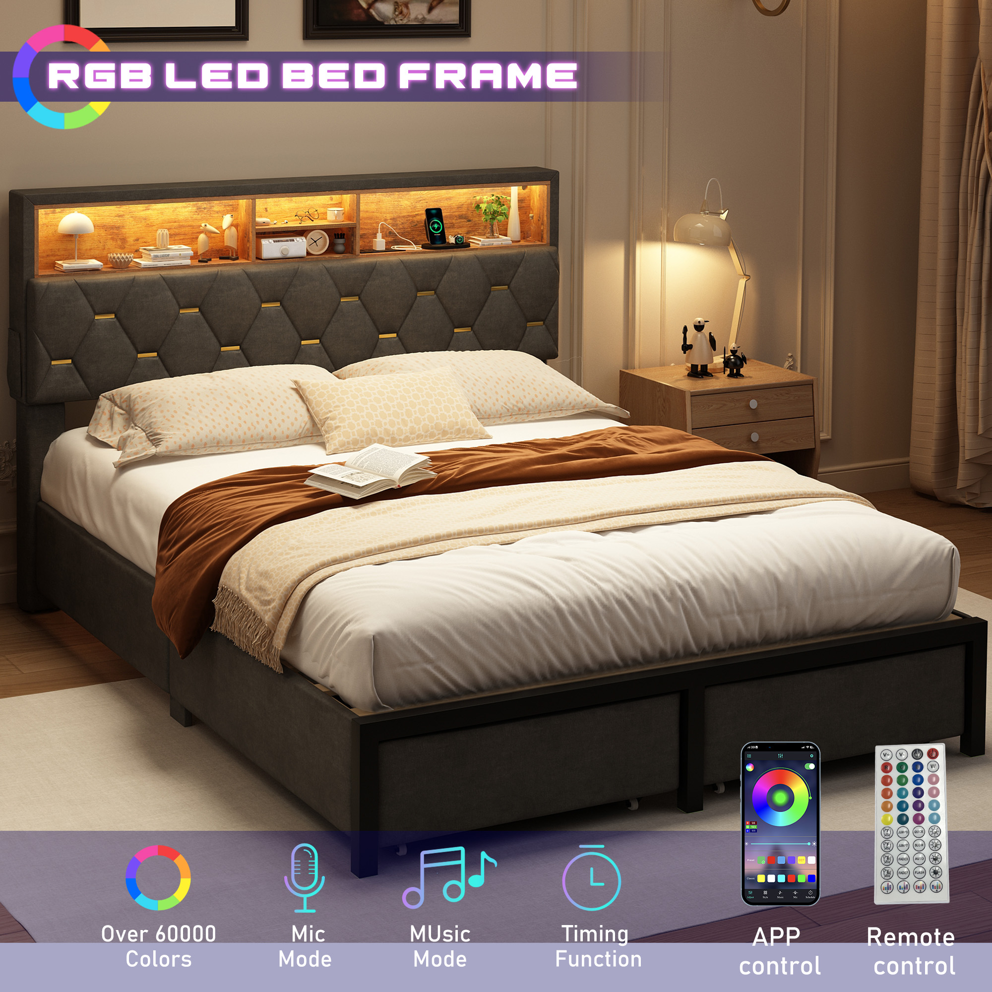 Queen Size Bed Frame with LED Light & Charging Station & Sliding Drawers