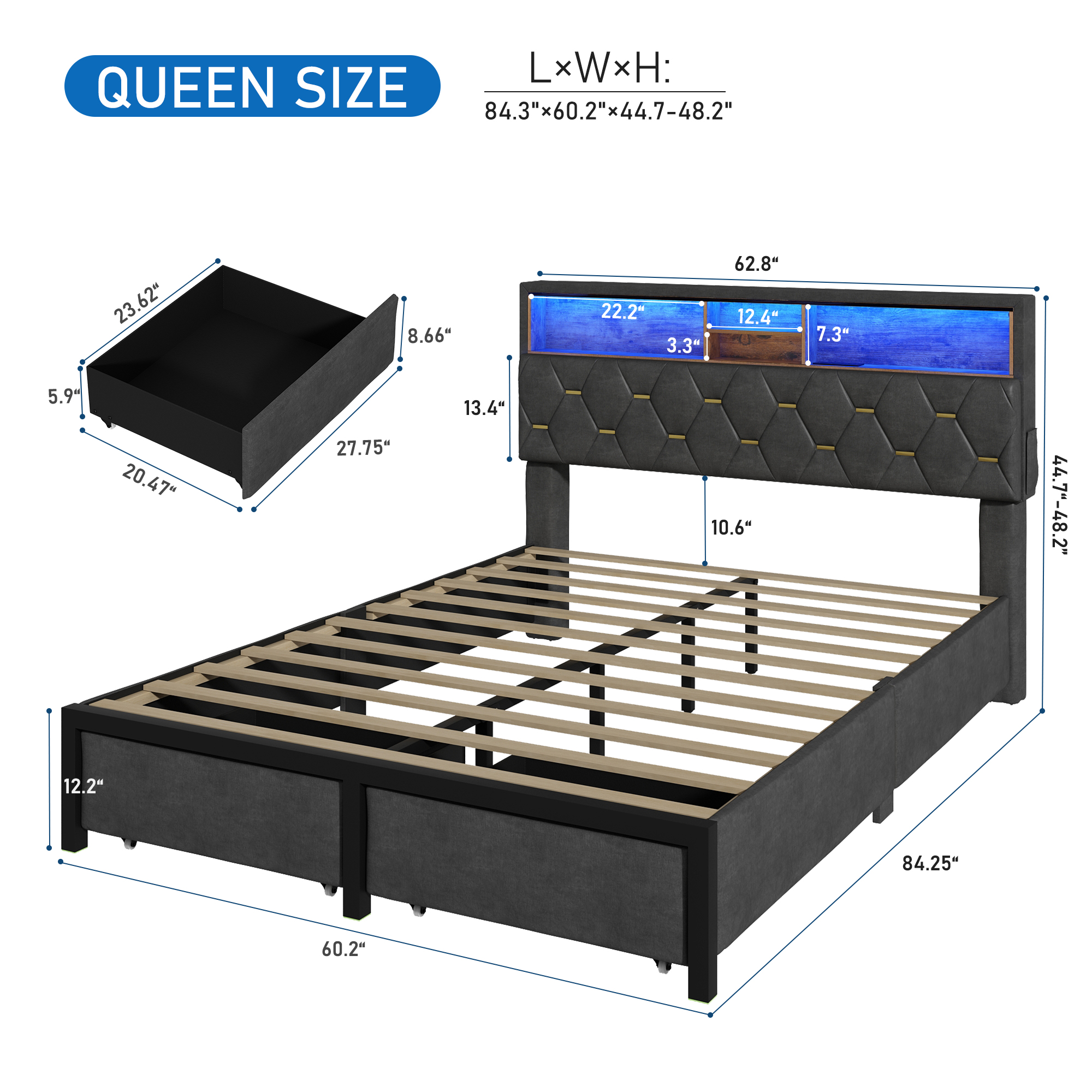 Queen Size Bed Frame with LED Light & Charging Station & Sliding Drawers