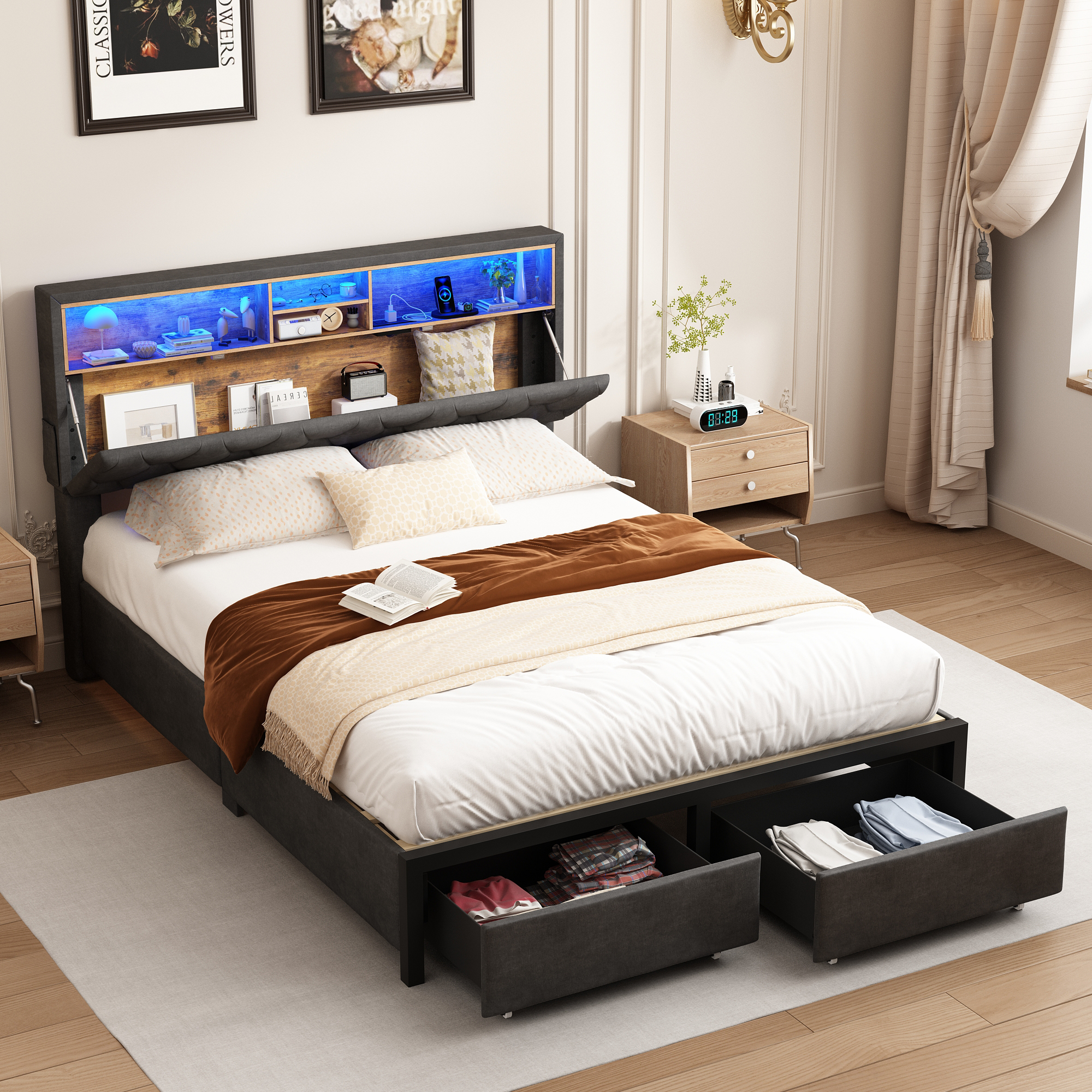 Queen Size Bed Frame with LED Light & Charging Station & Sliding Drawers