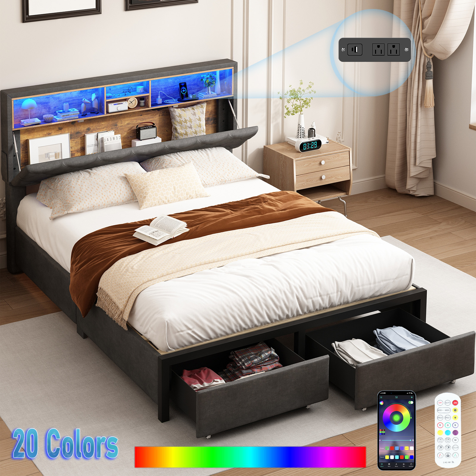Queen Size Bed Frame with LED Light & Charging Station & Sliding Drawers