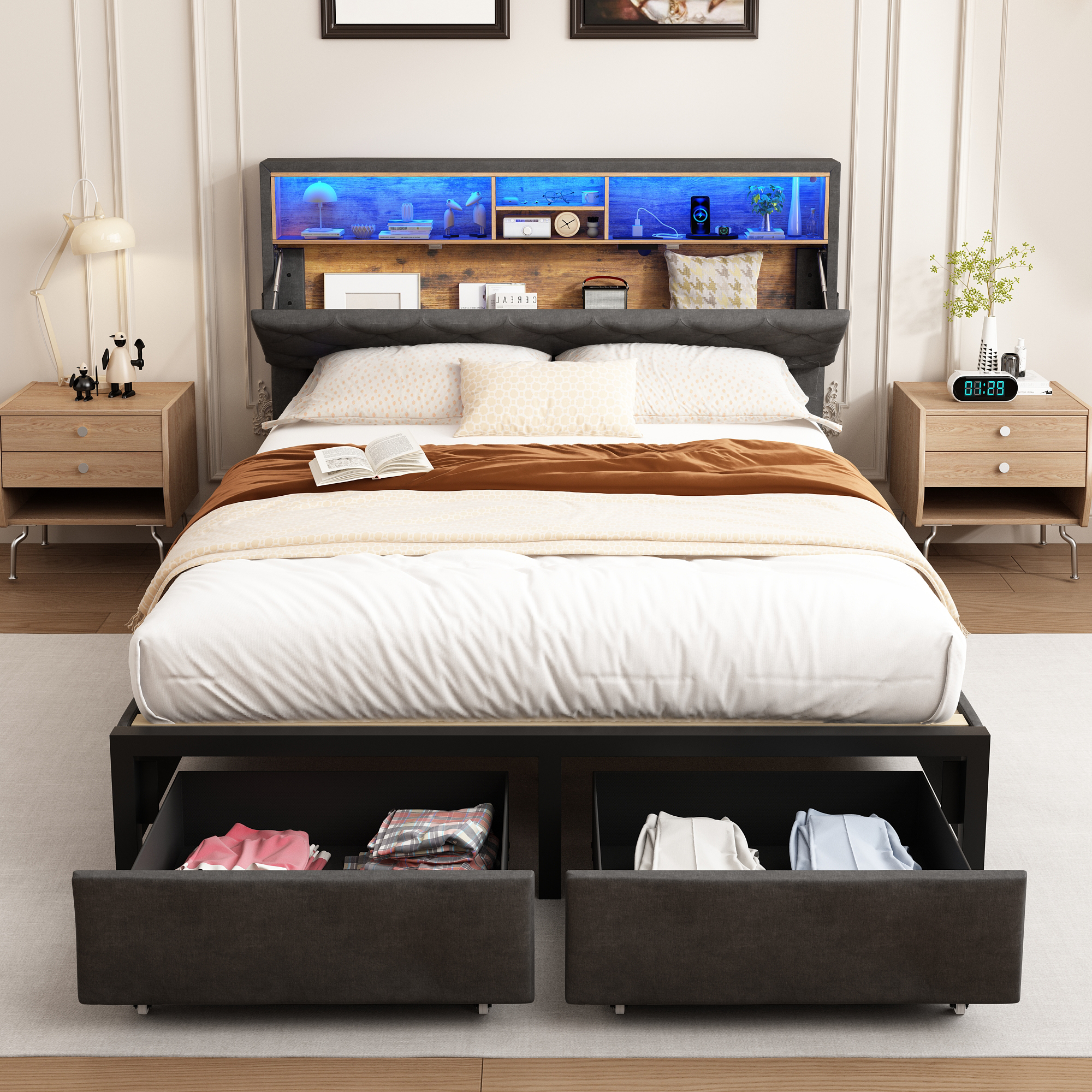 Queen Size Bed Frame with LED Light & Charging Station & Sliding Drawers