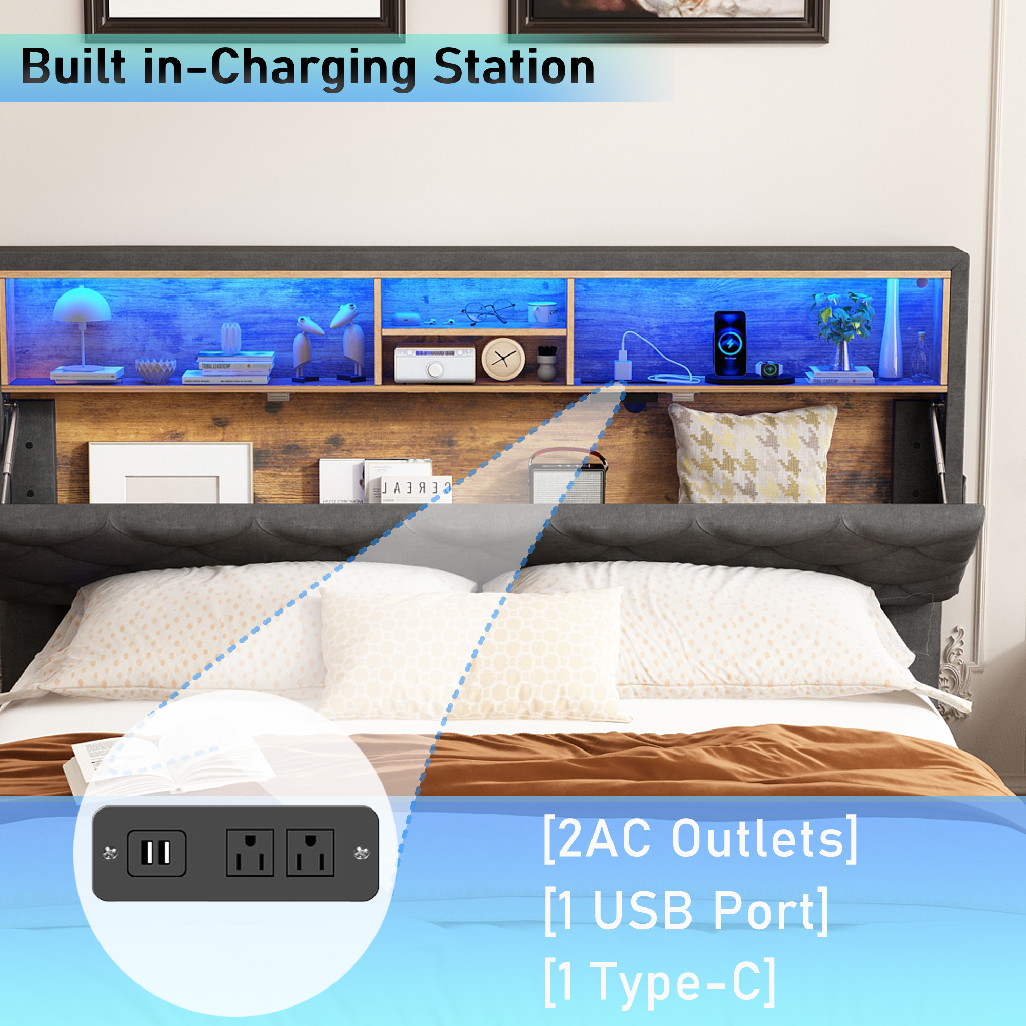 Queen Size Bed Frame with LED Light & Charging Station & Sliding Drawers