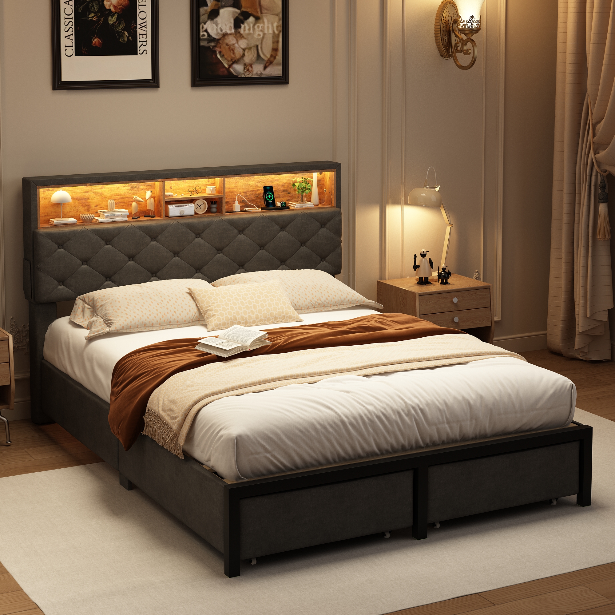 Queen Size Bed Frame with LED Light & Charging Station & Sliding Drawers