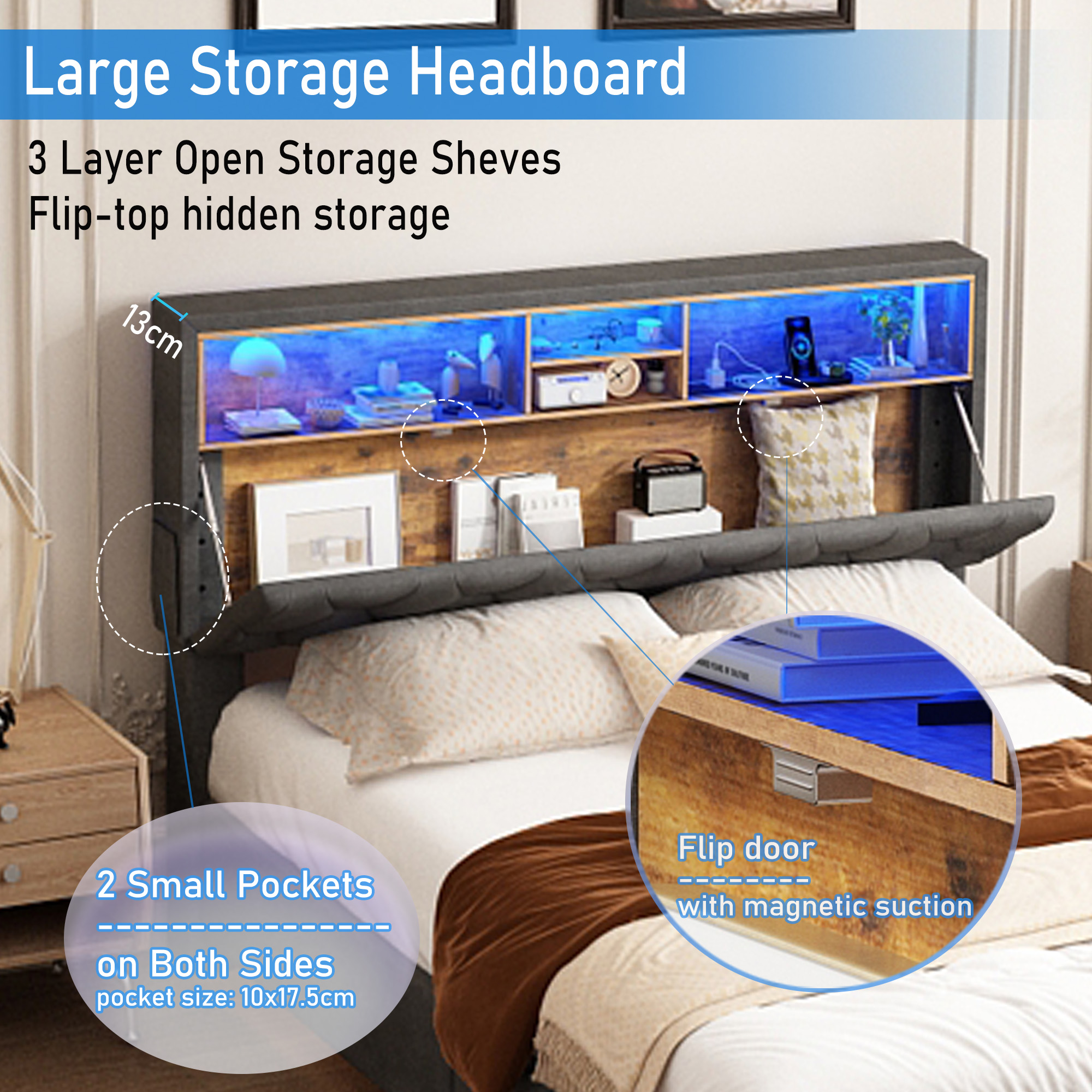 Queen Size Bed Frame with LED Light & Charging Station & Sliding Drawers