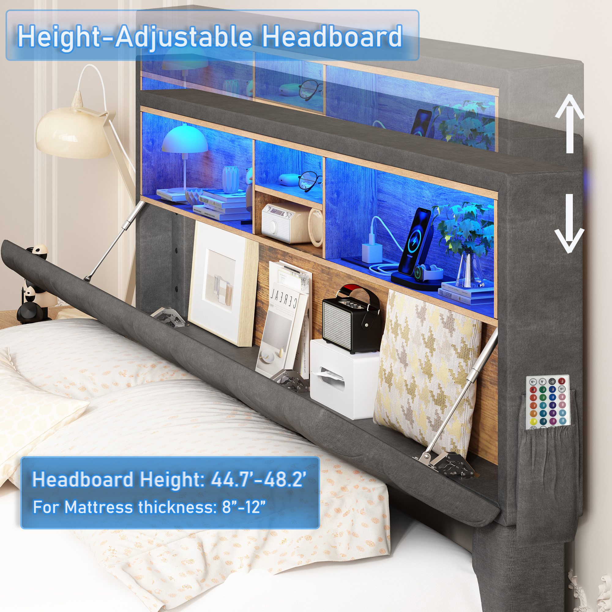 Queen Size Bed Frame with LED Light & Charging Station & Sliding Drawers