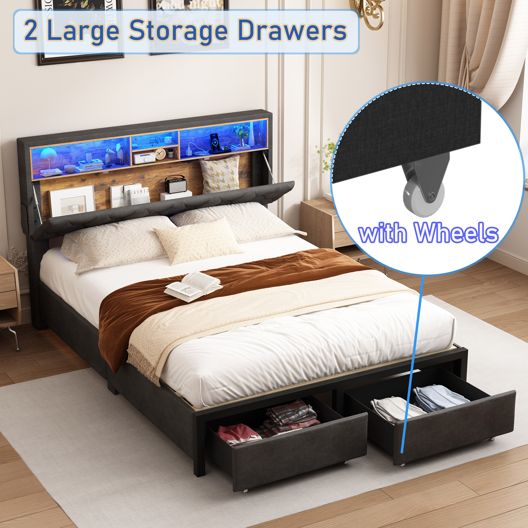 Queen Size Bed Frame with LED Light & Charging Station & Sliding Drawers