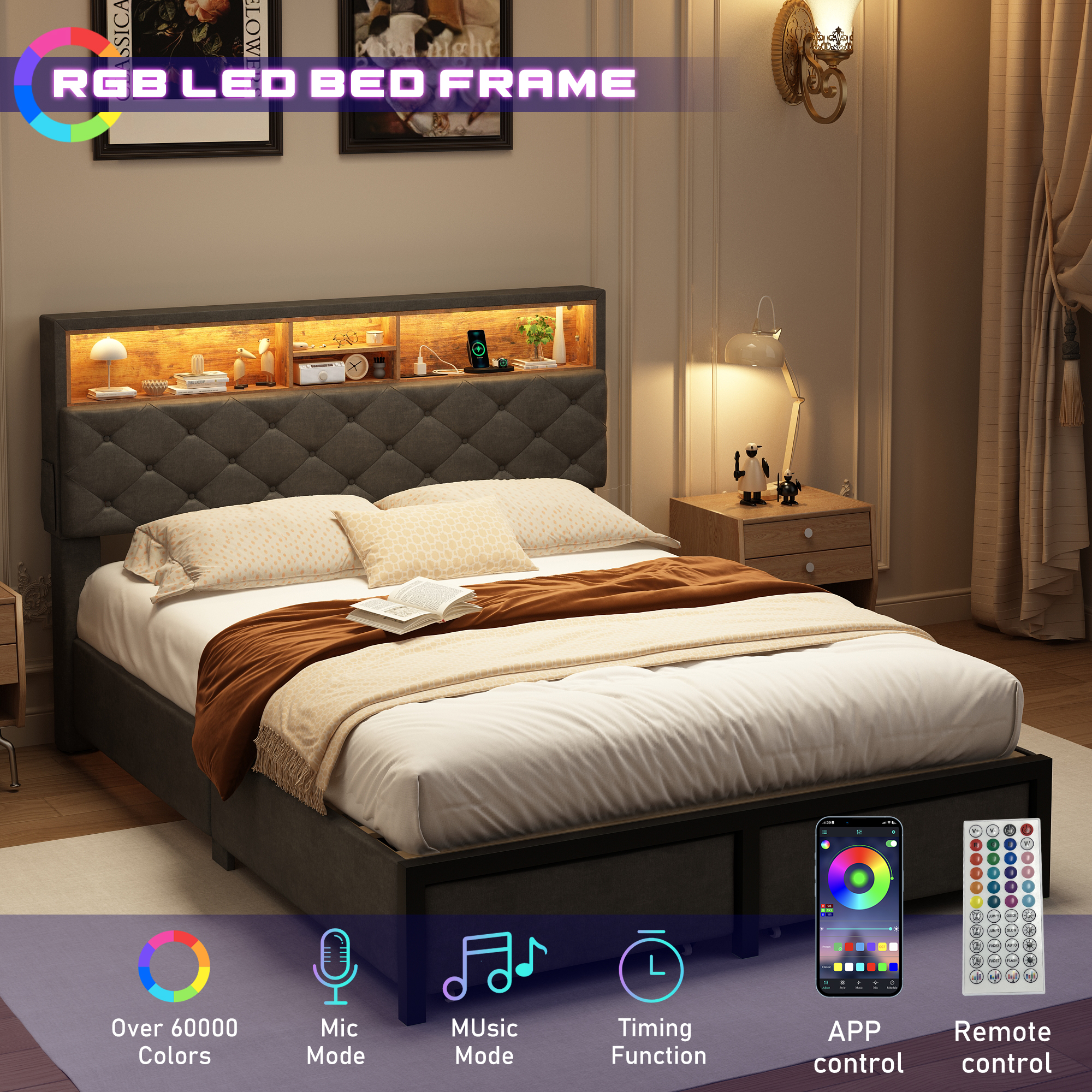 Queen Size Bed Frame with LED Light & Charging Station & Sliding Drawers