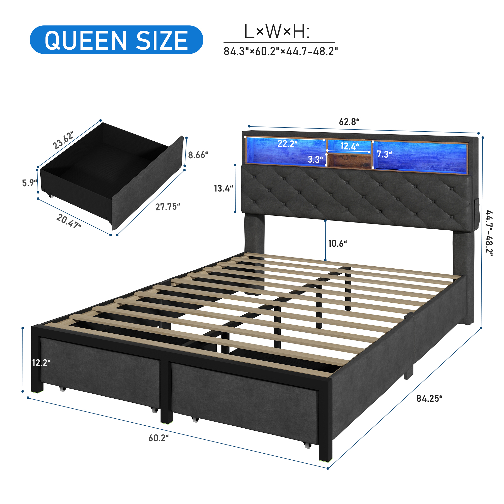 Queen Size Bed Frame with LED Light & Charging Station & Sliding Drawers