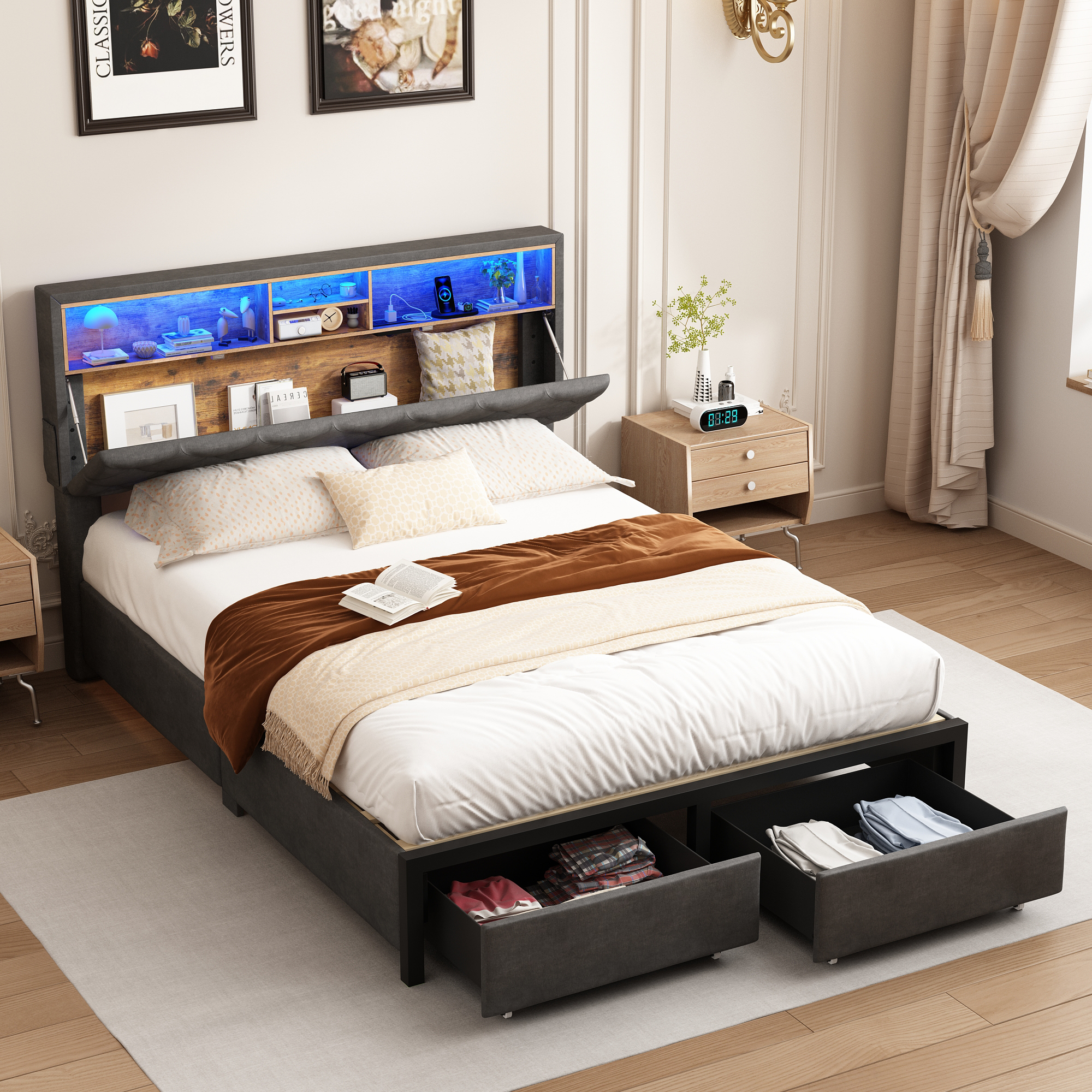 Queen Size Bed Frame with LED Light & Charging Station & Sliding Drawers