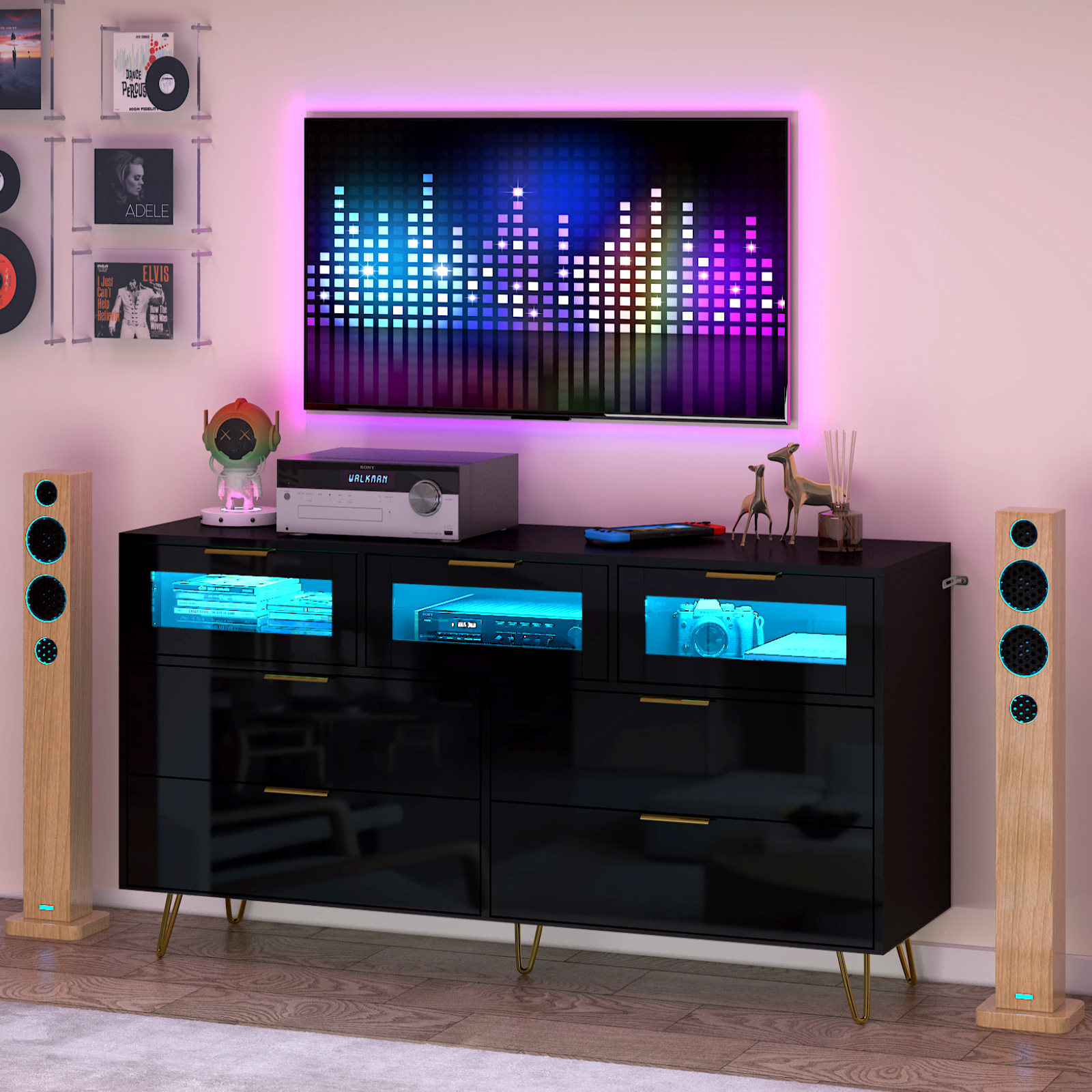 ChVans White 7 Drawer Dresser for Bedroom, 55" Modern Dresser with High Gloss Drawers, Large Wood Chest of Drawer Handle Free, Long Dresser for Bedroom, Living Room, Entryway, Hallway(Black 1-55.1")