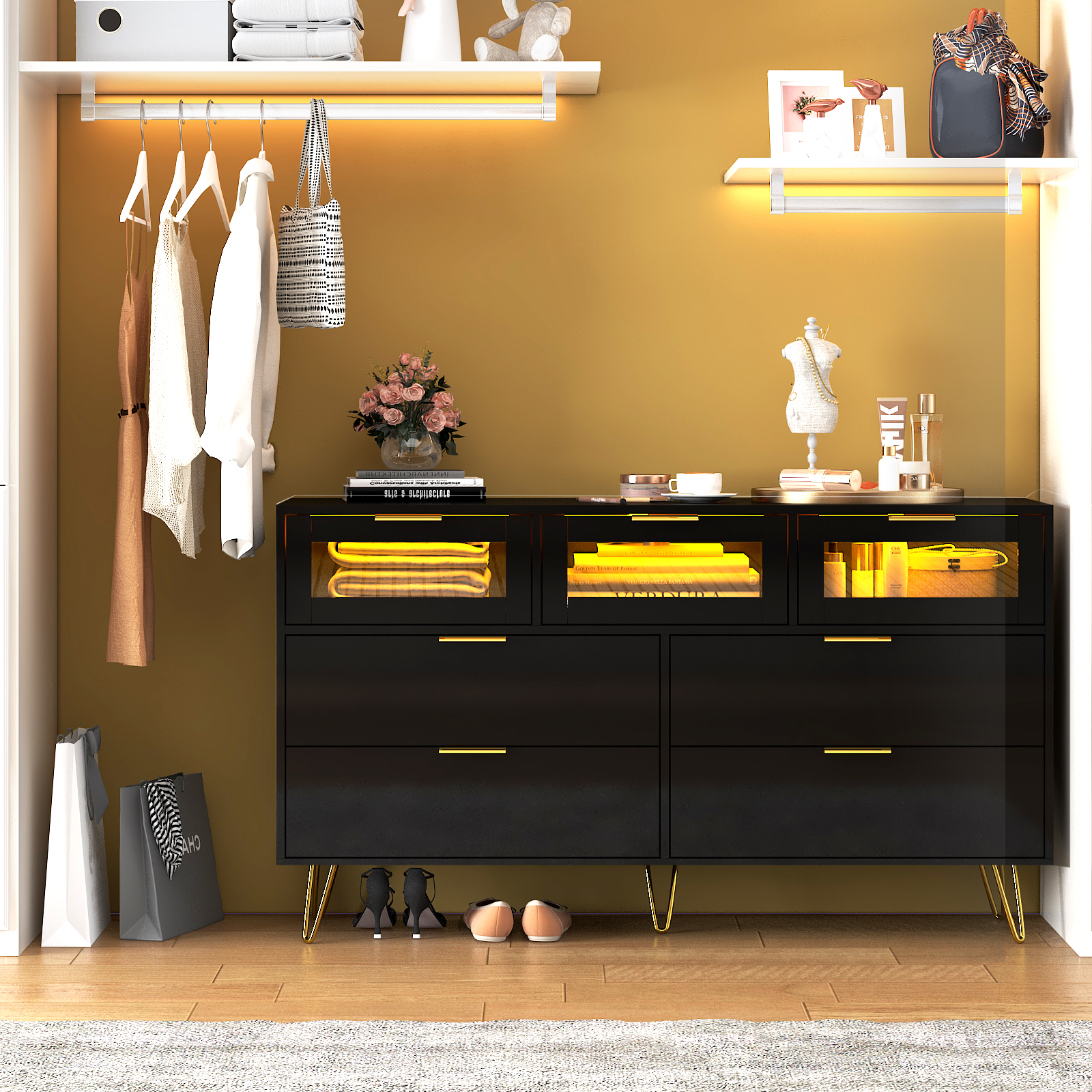 ChVans White 7 Drawer Dresser for Bedroom, 55" Modern Dresser with High Gloss Drawers, Large Wood Chest of Drawer Handle Free, Long Dresser for Bedroom, Living Room, Entryway, Hallway(Black 1-55.1")