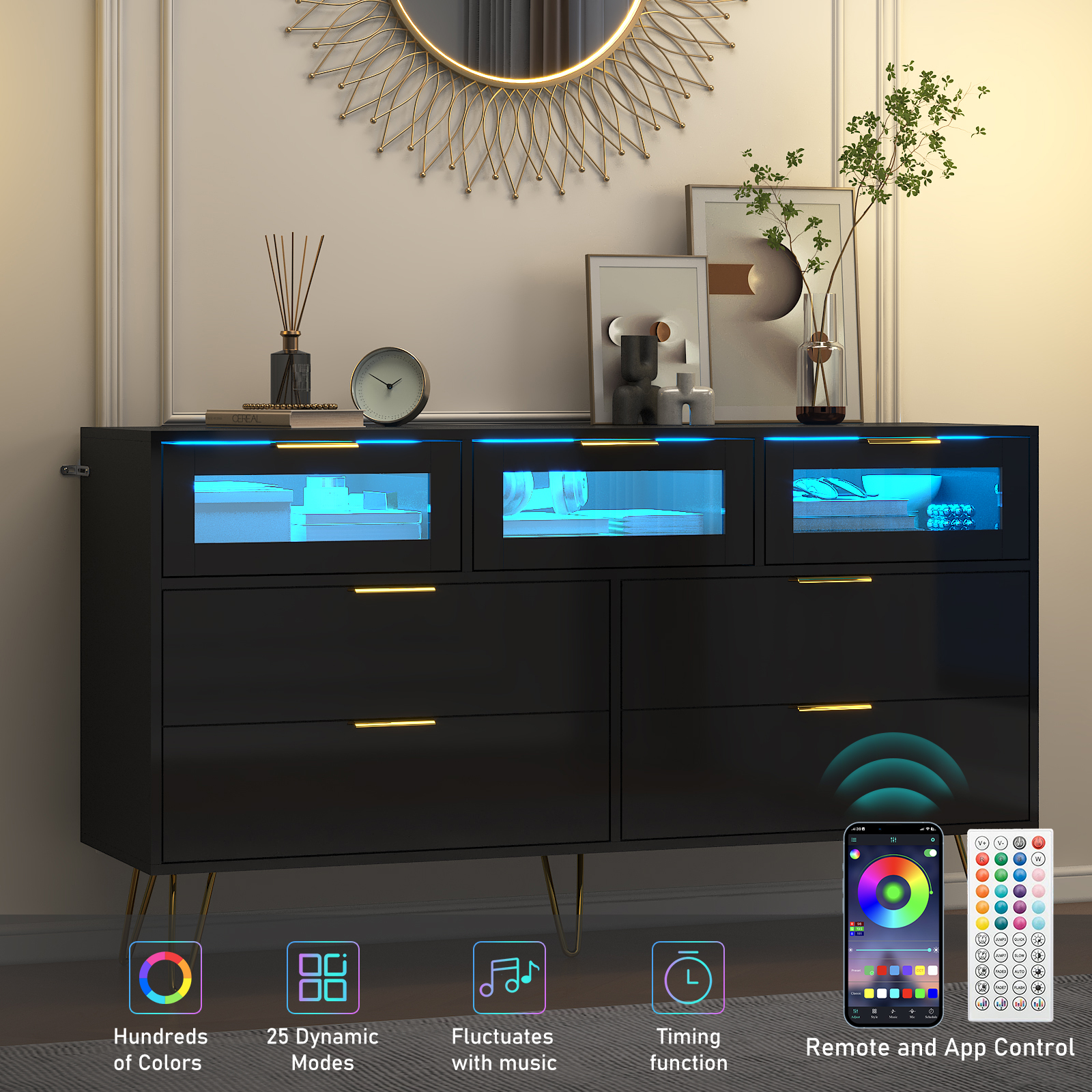 ChVans White 7 Drawer Dresser for Bedroom, 55" Modern Dresser with High Gloss Drawers, Large Wood Chest of Drawer Handle Free, Long Dresser for Bedroom, Living Room, Entryway, Hallway(Black 1-55.1")