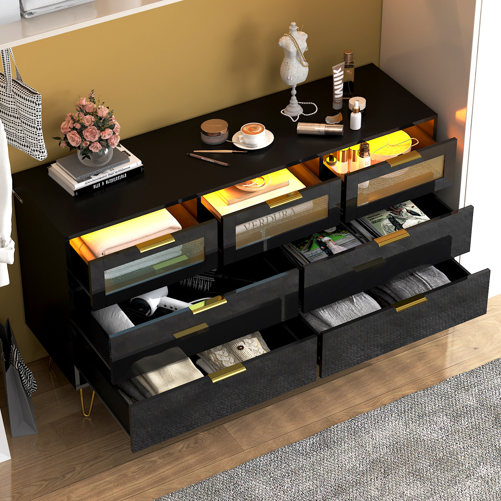 ChVans White 7 Drawer Dresser for Bedroom, 55" Modern Dresser with High Gloss Drawers, Large Wood Chest of Drawer Handle Free, Long Dresser for Bedroom, Living Room, Entryway, Hallway(Black 1-55.1")