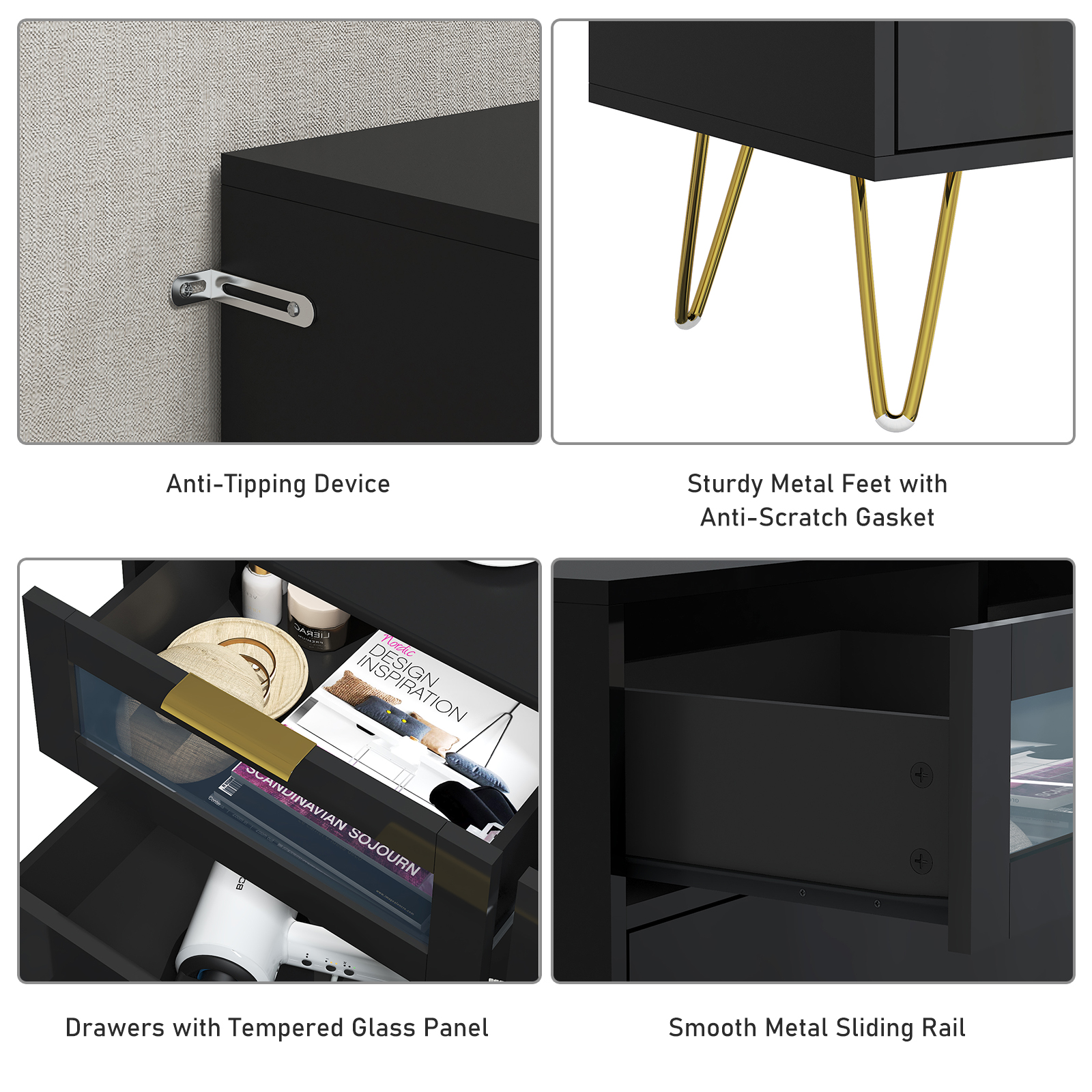 ChVans White 7 Drawer Dresser for Bedroom, 55" Modern Dresser with High Gloss Drawers, Large Wood Chest of Drawer Handle Free, Long Dresser for Bedroom, Living Room, Entryway, Hallway(Black 1-55.1")