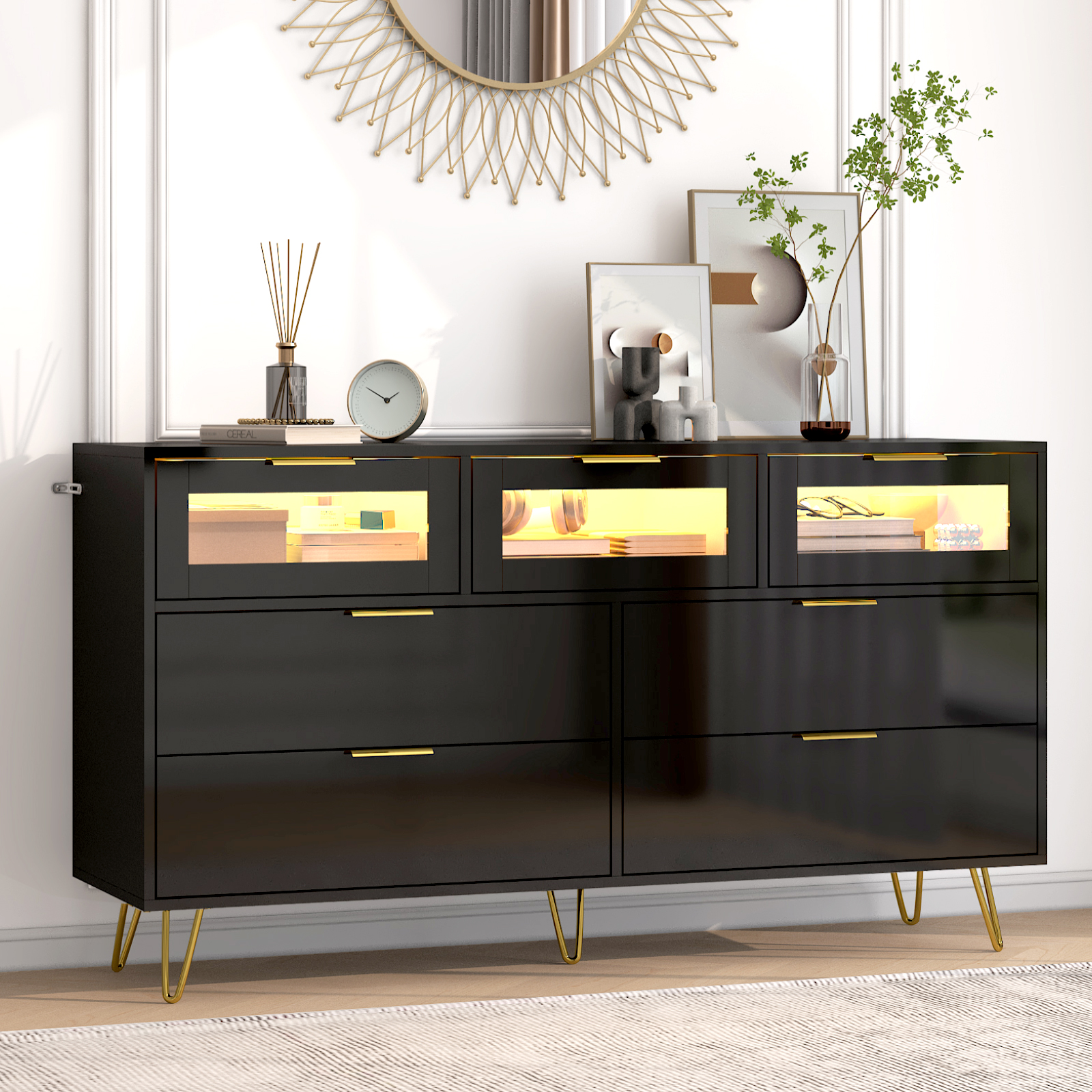 ChVans White 7 Drawer Dresser for Bedroom, 55" Modern Dresser with High Gloss Drawers, Large Wood Chest of Drawer Handle Free, Long Dresser for Bedroom, Living Room, Entryway, Hallway(Black 1-55.1")