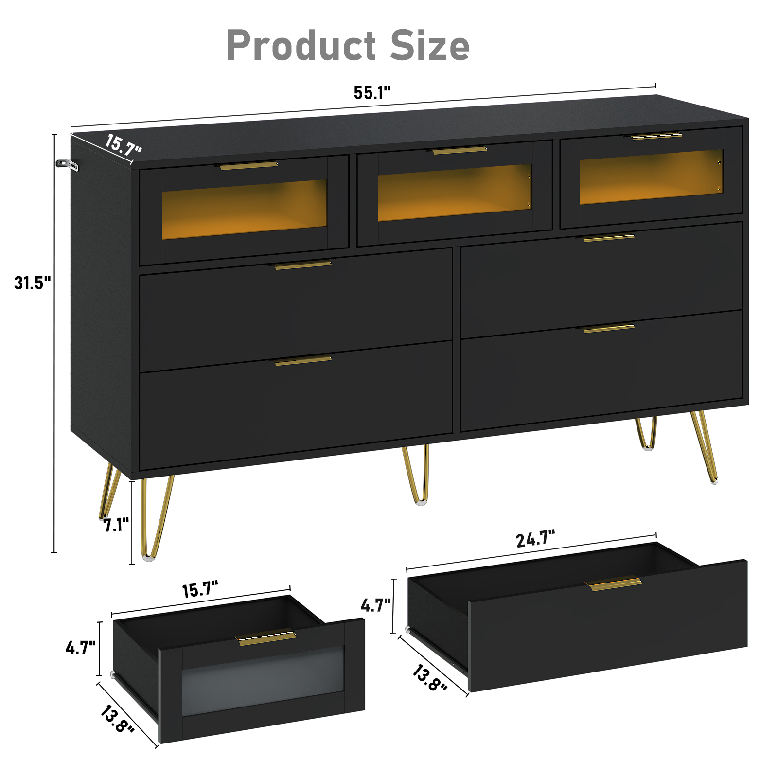 ChVans White 7 Drawer Dresser for Bedroom, 55" Modern Dresser with High Gloss Drawers, Large Wood Chest of Drawer Handle Free, Long Dresser for Bedroom, Living Room, Entryway, Hallway(Black 1-55.1")