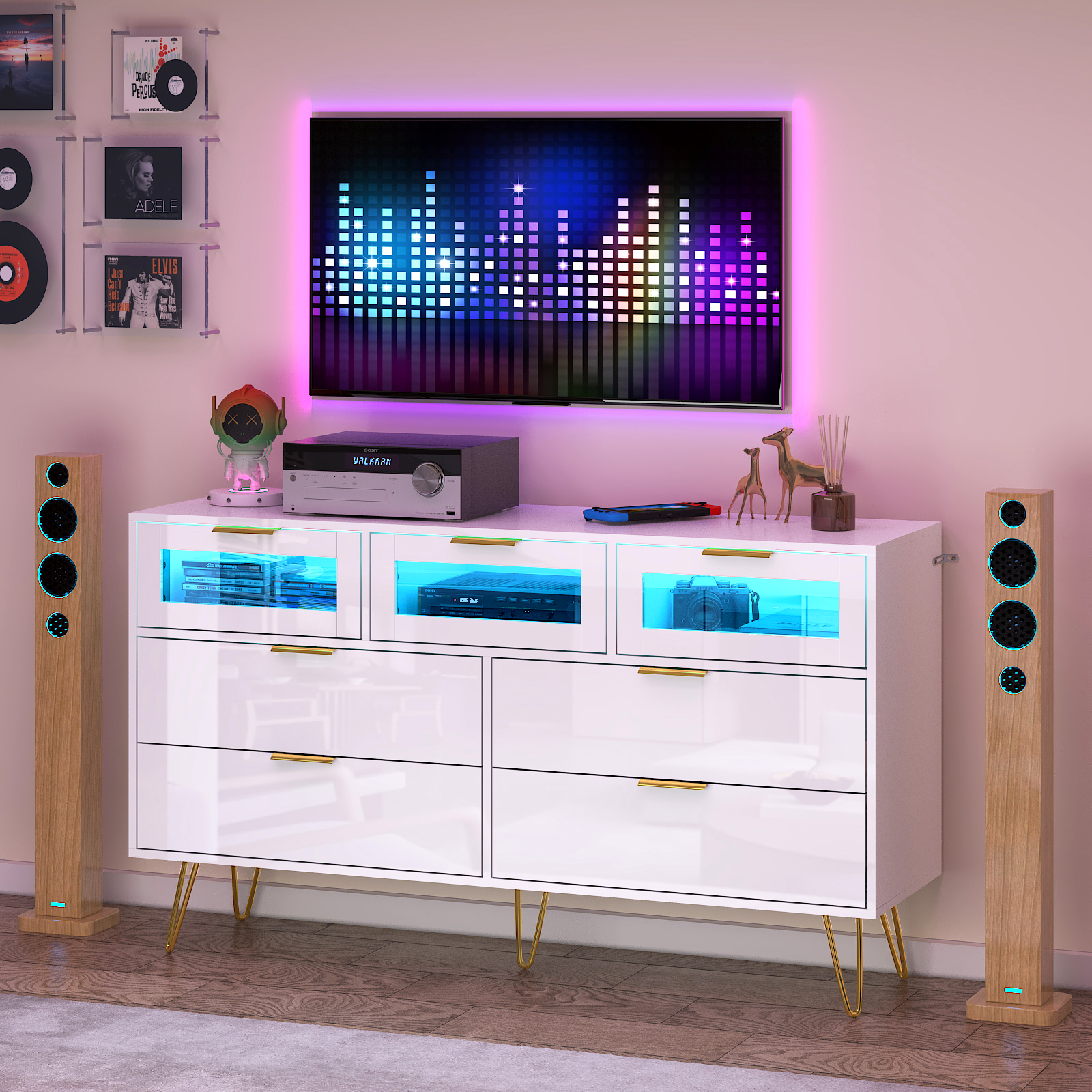 ChVans White 7 Drawer Dresser for Bedroom, 55" Modern Dresser with High Gloss Drawers, Large Wood Chest of Drawer Handle Free, Long Dresser for Bedroom, Living Room, Entryway, Hallway(Black 1-55.1")