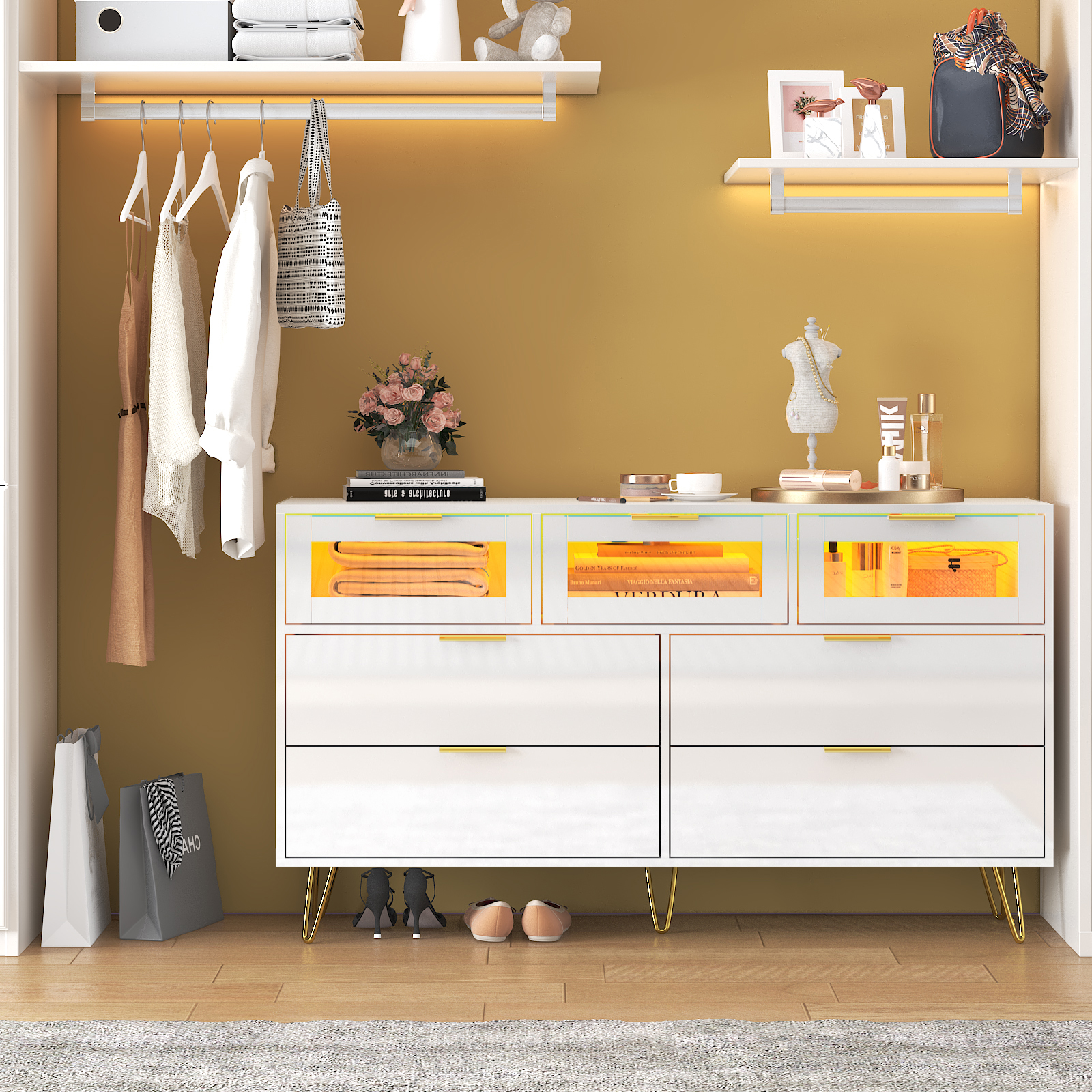 ChVans White 7 Drawer Dresser for Bedroom, 55" Modern Dresser with High Gloss Drawers, Large Wood Chest of Drawer Handle Free, Long Dresser for Bedroom, Living Room, Entryway, Hallway(Black 1-55.1")