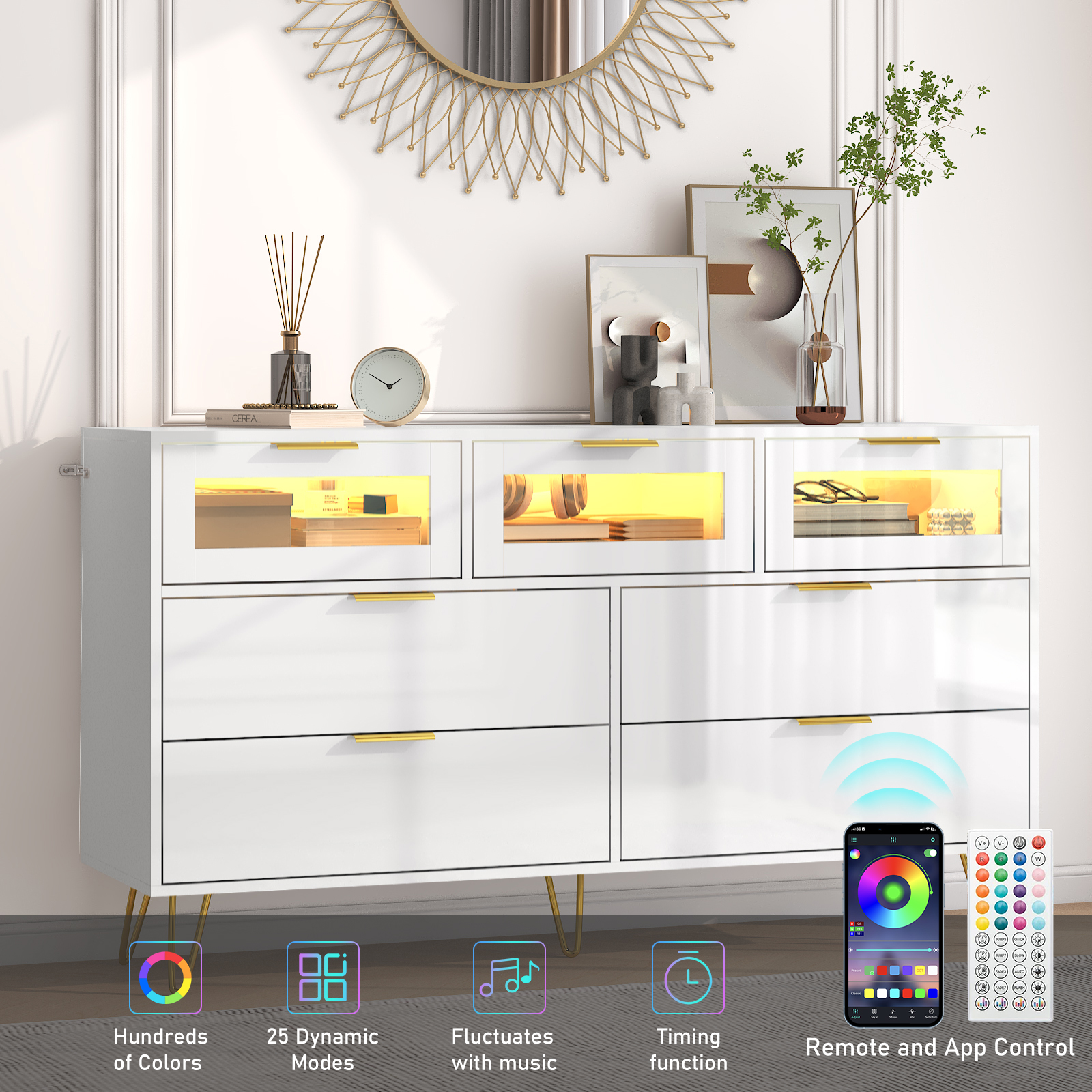 ChVans White 7 Drawer Dresser for Bedroom, 55" Modern Dresser with High Gloss Drawers, Large Wood Chest of Drawer Handle Free, Long Dresser for Bedroom, Living Room, Entryway, Hallway(Black 1-55.1")