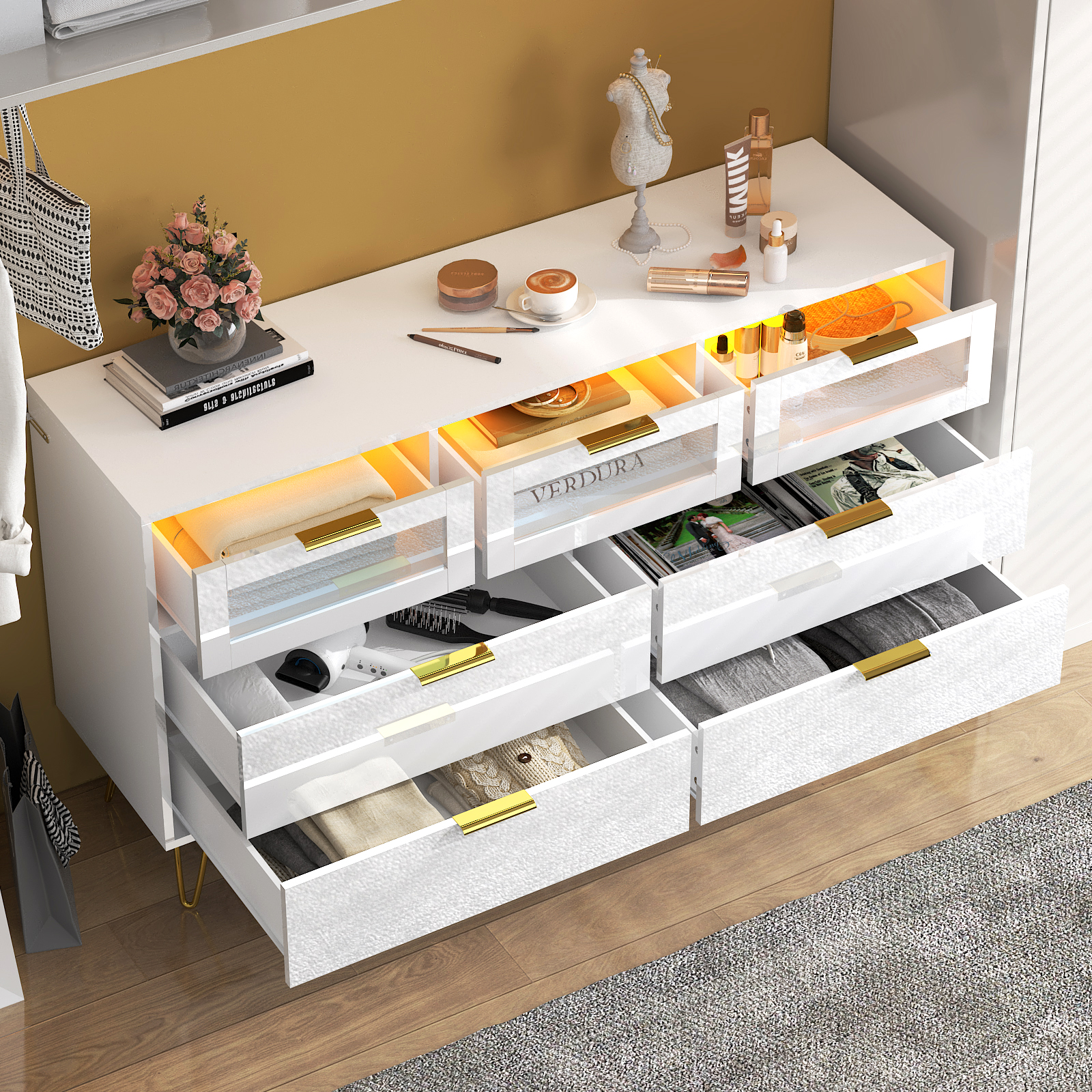 ChVans White 7 Drawer Dresser for Bedroom, 55" Modern Dresser with High Gloss Drawers, Large Wood Chest of Drawer Handle Free, Long Dresser for Bedroom, Living Room, Entryway, Hallway(Black 1-55.1")