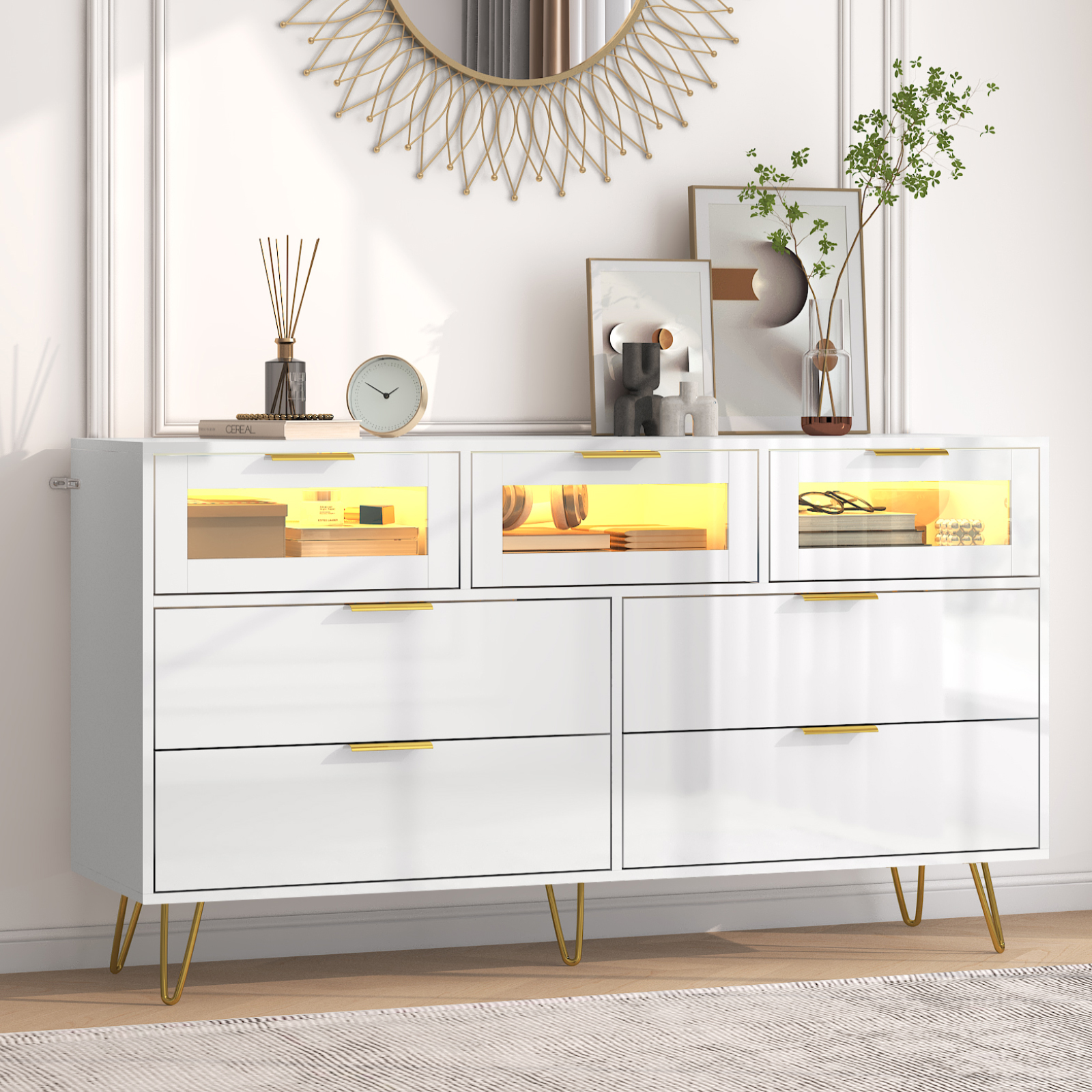 ChVans White 7 Drawer Dresser for Bedroom, 55" Modern Dresser with High Gloss Drawers, Large Wood Chest of Drawer Handle Free, Long Dresser for Bedroom, Living Room, Entryway, Hallway(Black 1-55.1")