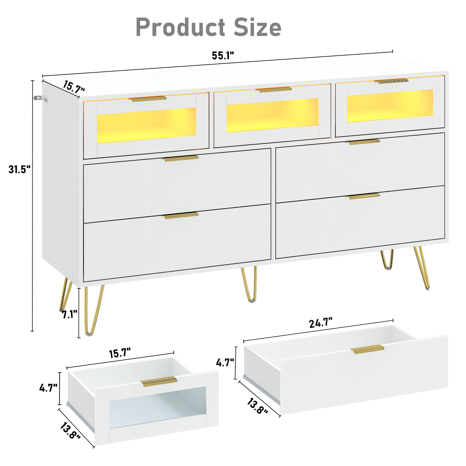ChVans White 7 Drawer Dresser for Bedroom, 55" Modern Dresser with High Gloss Drawers, Large Wood Chest of Drawer Handle Free, Long Dresser for Bedroom, Living Room, Entryway, Hallway(Black 1-55.1")
