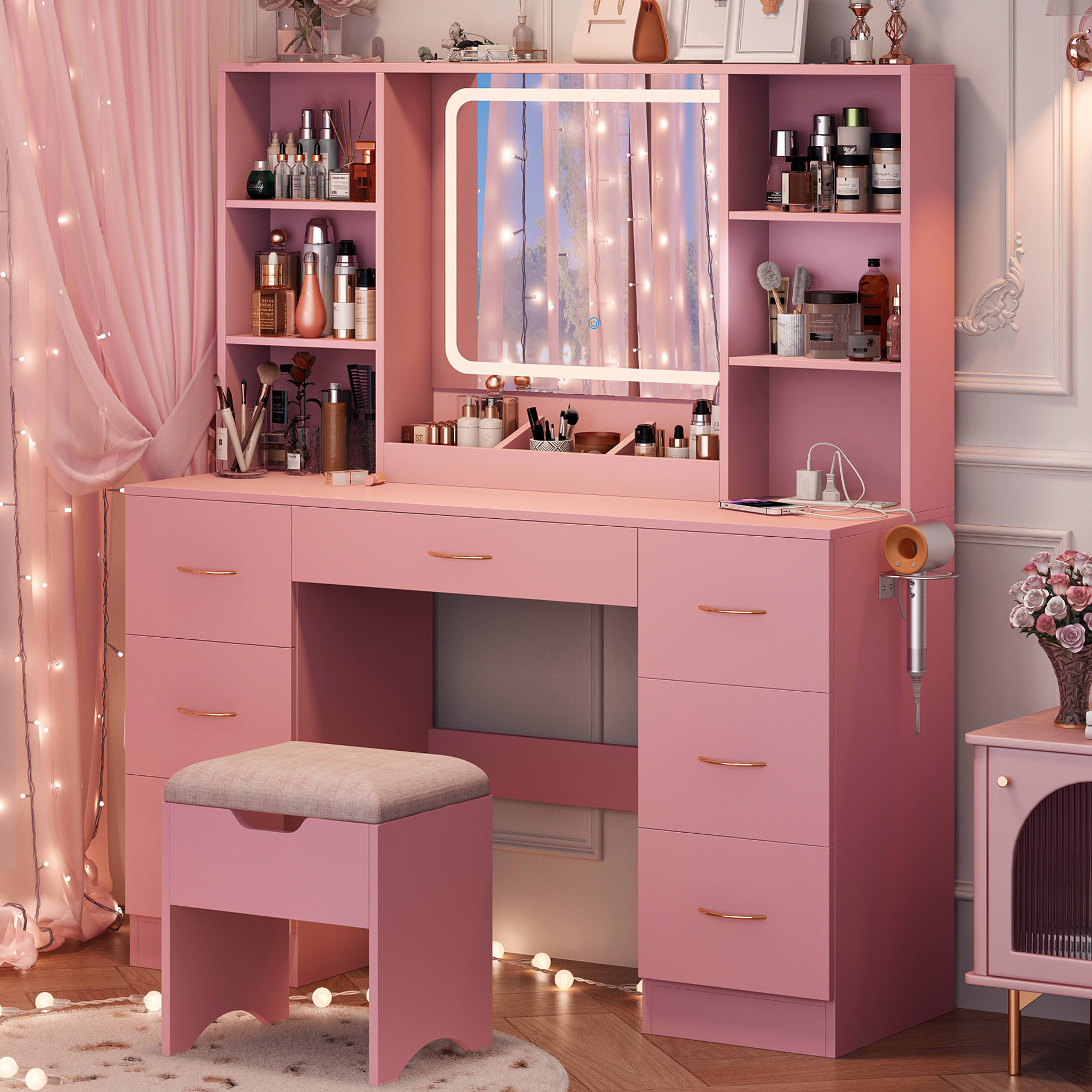 Large Vanity Desk Set with Mirror & LED Light & Power Outlet, 47" White Makeup Vanity with 6 Shelves & 7 Drawers for Women, Girls Gift