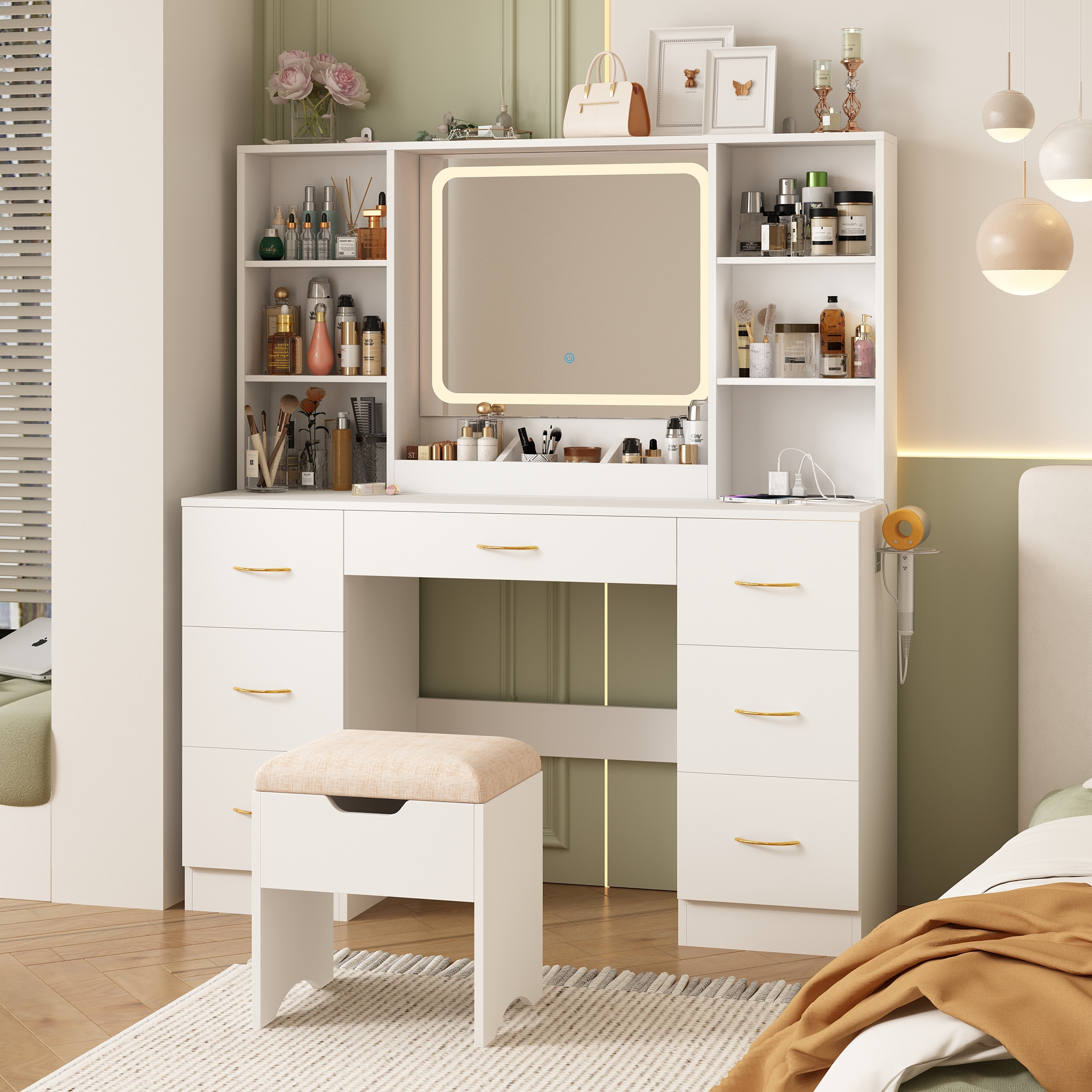 Large Vanity Desk Set with Mirror & LED Light & Power Outlet, 47" White Makeup Vanity with 6 Shelves & 7 Drawers for Women, Girls Gift