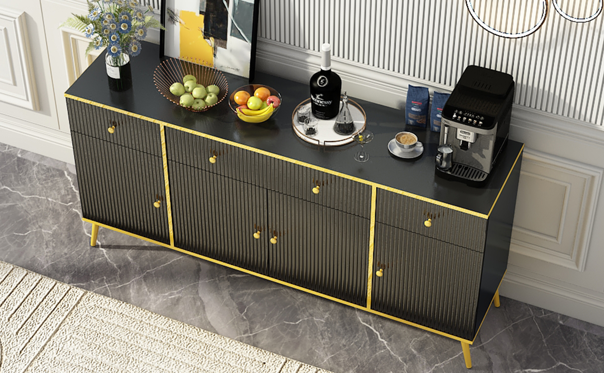 ChVans Modern Sideboard Storage Cabinet with 3 Drawers/4 Doors, 63" Wide Buffet Cabinet w/Adjustable Shelf & Metal Legs, for Dining Room, Black