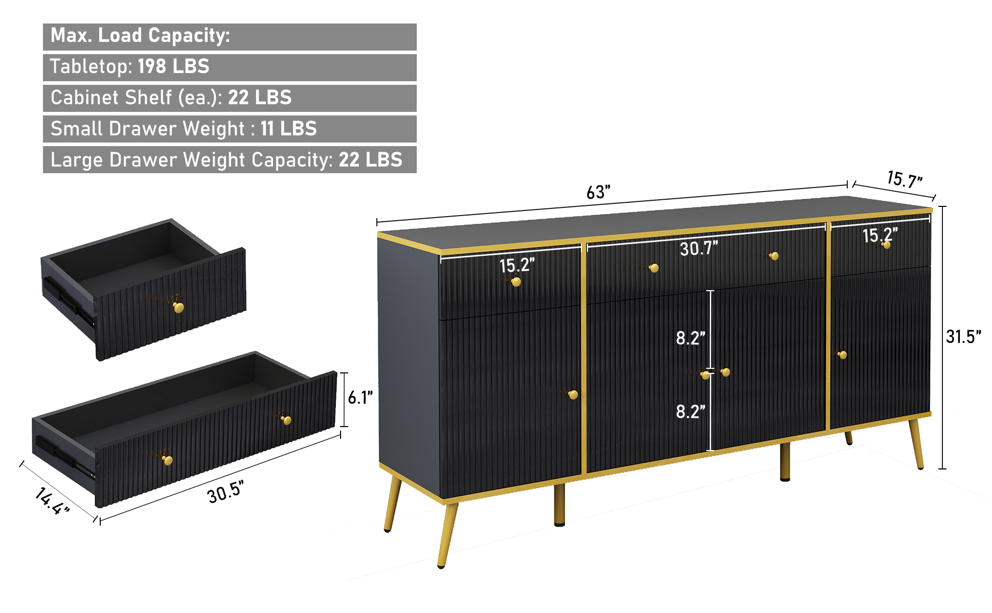 ChVans Modern Sideboard Storage Cabinet with 3 Drawers/4 Doors, 63" Wide Buffet Cabinet w/Adjustable Shelf & Metal Legs, for Dining Room, Black