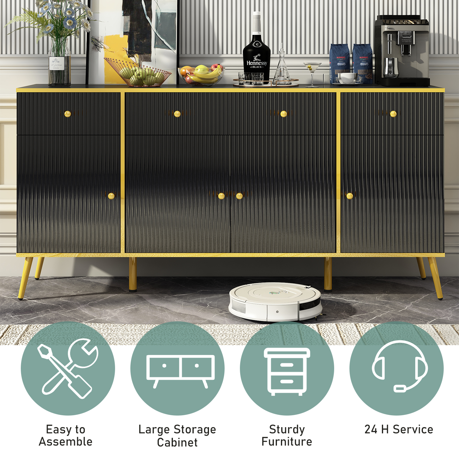 ChVans Modern Sideboard Storage Cabinet with 3 Drawers/4 Doors, 63" Wide Buffet Cabinet w/Adjustable Shelf & Metal Legs, for Dining Room, Black