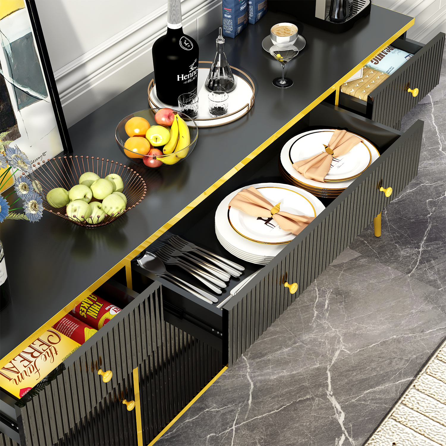 ChVans Modern Sideboard Storage Cabinet with 3 Drawers/4 Doors, 63" Wide Buffet Cabinet w/Adjustable Shelf & Metal Legs, for Dining Room, Black