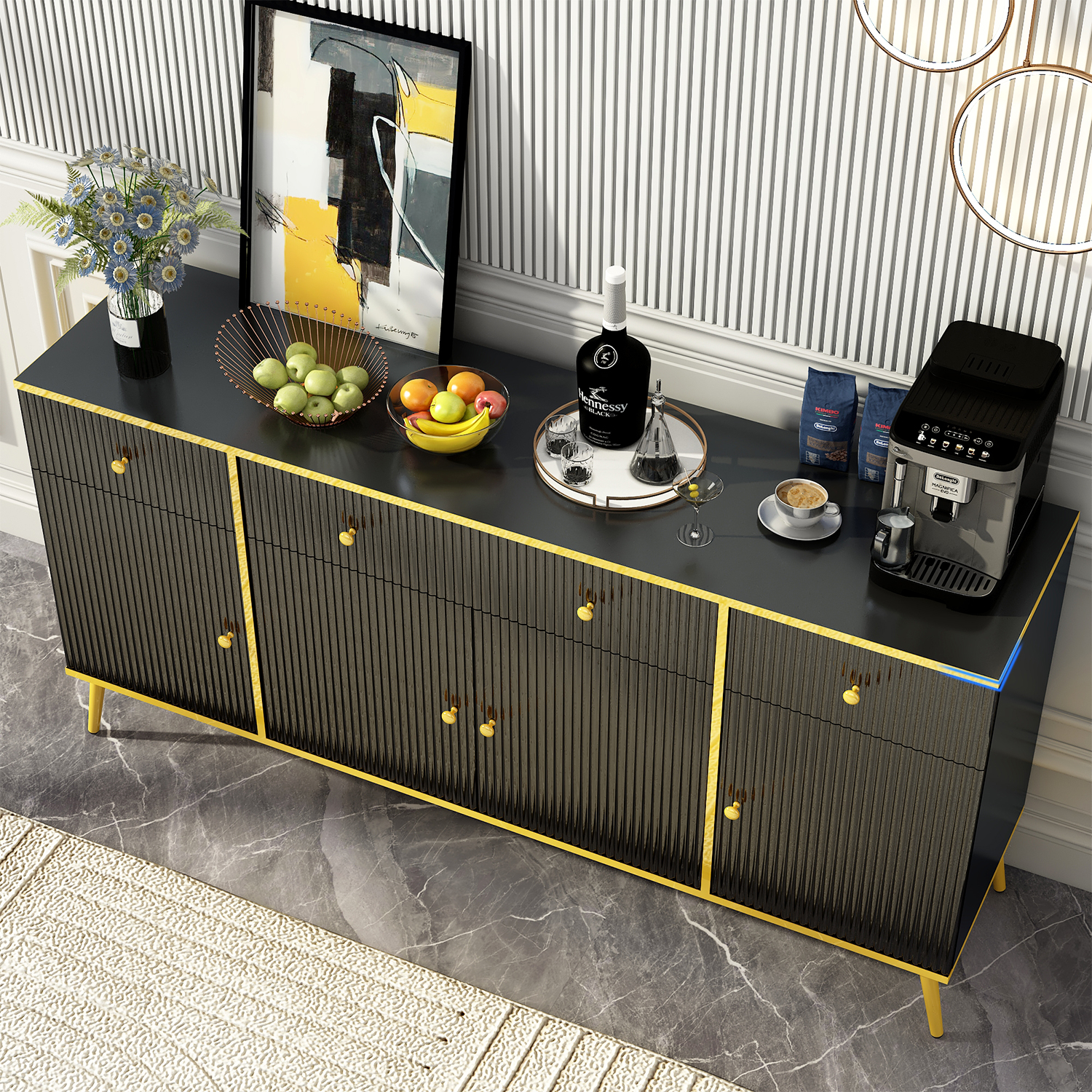 ChVans Modern Sideboard Storage Cabinet with 3 Drawers/4 Doors, 63" Wide Buffet Cabinet w/Adjustable Shelf & Metal Legs, for Dining Room, Black