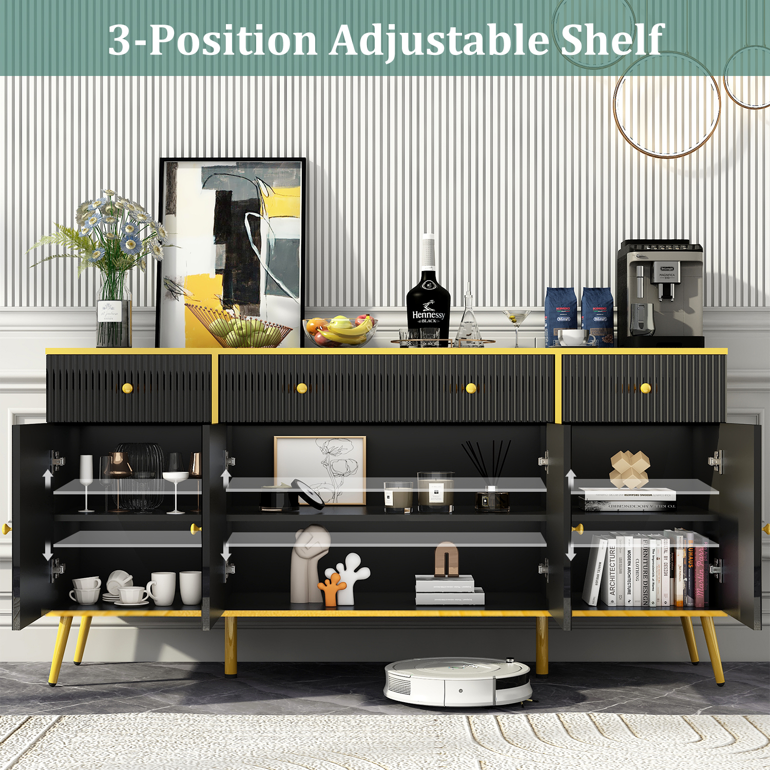 ChVans Modern Sideboard Storage Cabinet with 3 Drawers/4 Doors, 63" Wide Buffet Cabinet w/Adjustable Shelf & Metal Legs, for Dining Room, Black