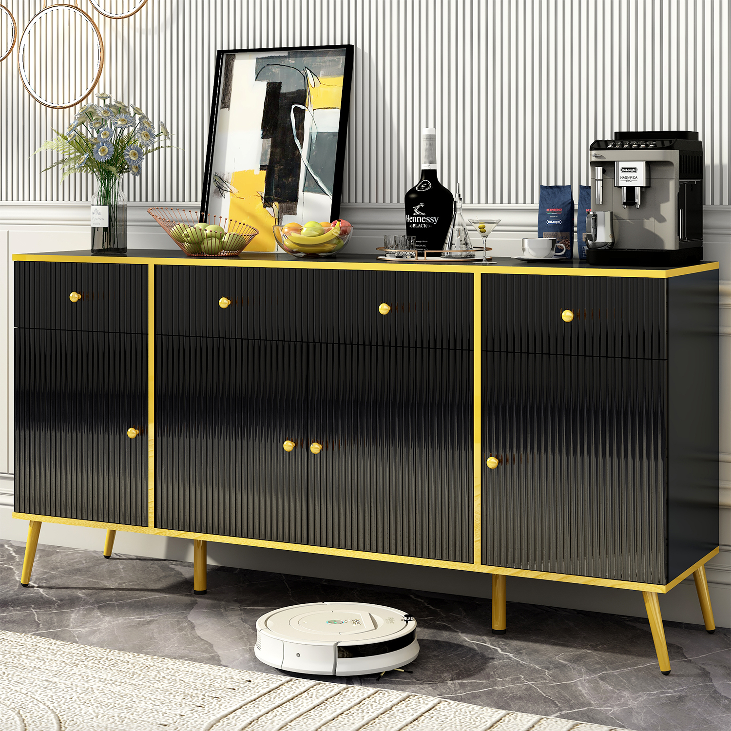 ChVans Modern Sideboard Storage Cabinet with 3 Drawers/4 Doors, 63" Wide Buffet Cabinet w/Adjustable Shelf & Metal Legs, for Dining Room, Black