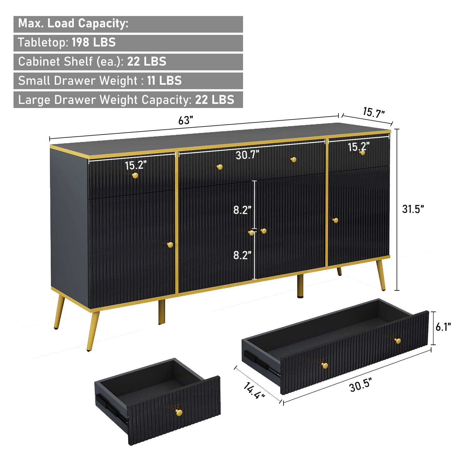 ChVans Modern Sideboard Storage Cabinet with 3 Drawers/4 Doors, 63" Wide Buffet Cabinet w/Adjustable Shelf & Metal Legs, for Dining Room, Black