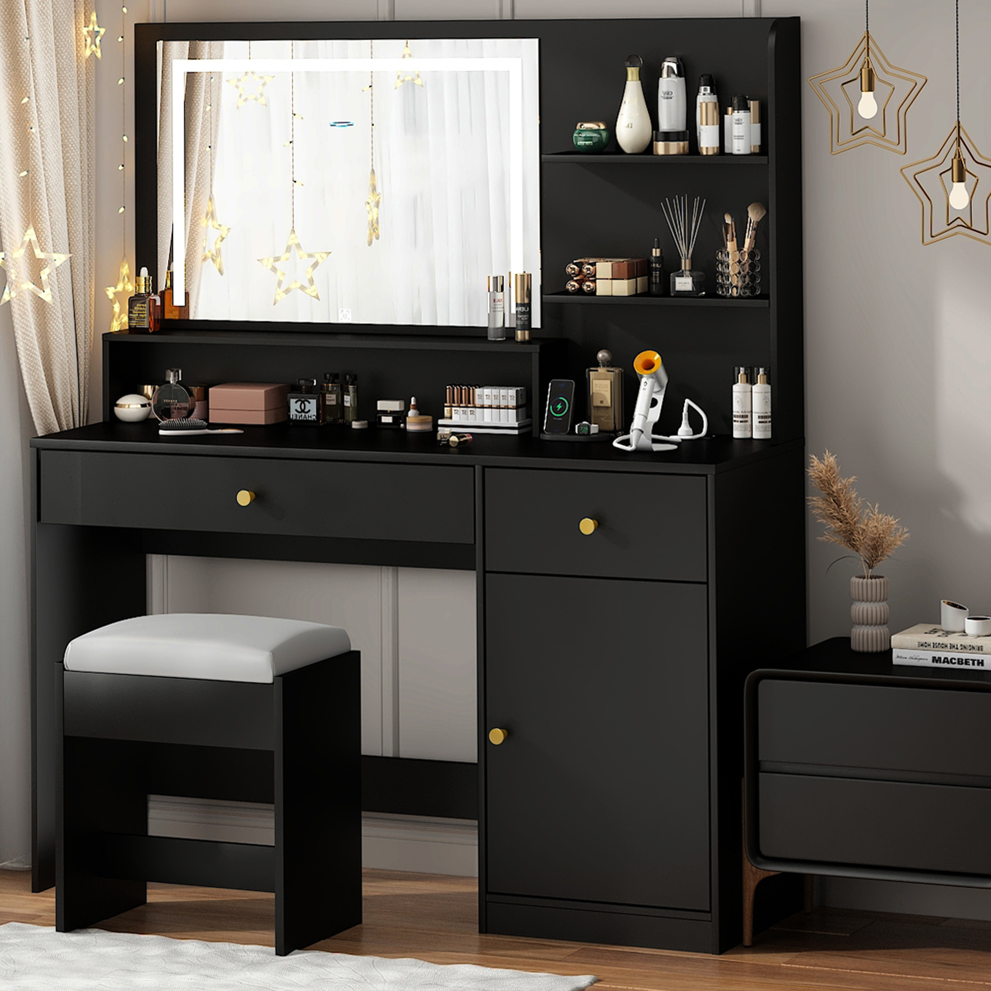 ChVans Black Vanity Desk with LED Light Mirror & Power Outlet, LED Makeup Table with 3 Shelves & 2 Drawers & 3 Level Adjustable Cabinet/Makeup Vanity Stool for Women, Girls