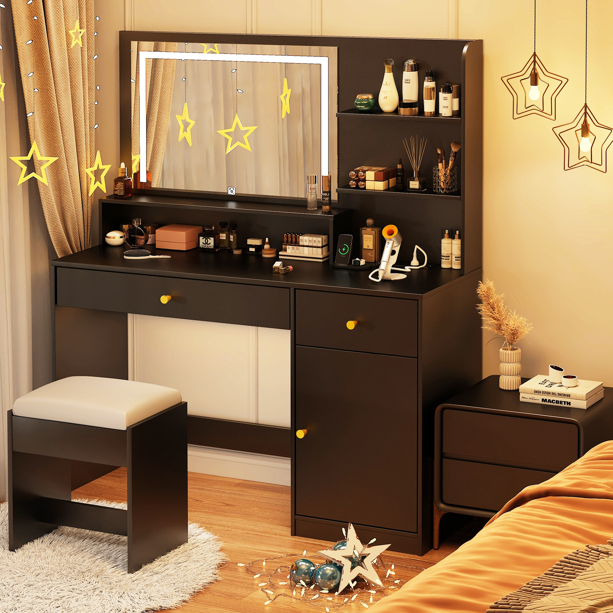 ChVans Black Vanity Desk with LED Light Mirror & Power Outlet, LED Makeup Table with 3 Shelves & 2 Drawers & 3 Level Adjustable Cabinet/Makeup Vanity Stool for Women, Girls