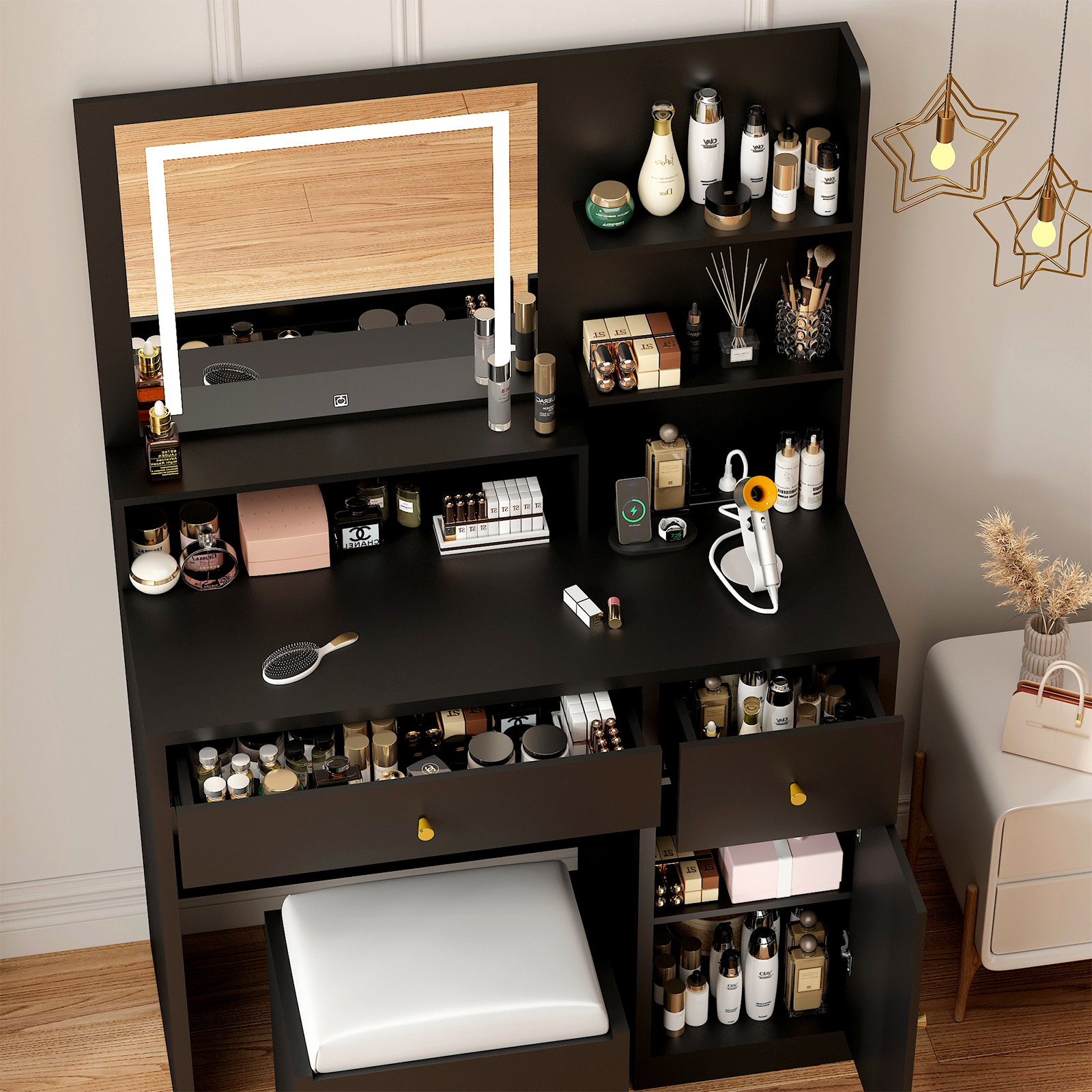 ChVans Black Vanity Desk with LED Light Mirror & Power Outlet, LED Makeup Table with 3 Shelves & 2 Drawers & 3 Level Adjustable Cabinet/Makeup Vanity Stool for Women, Girls