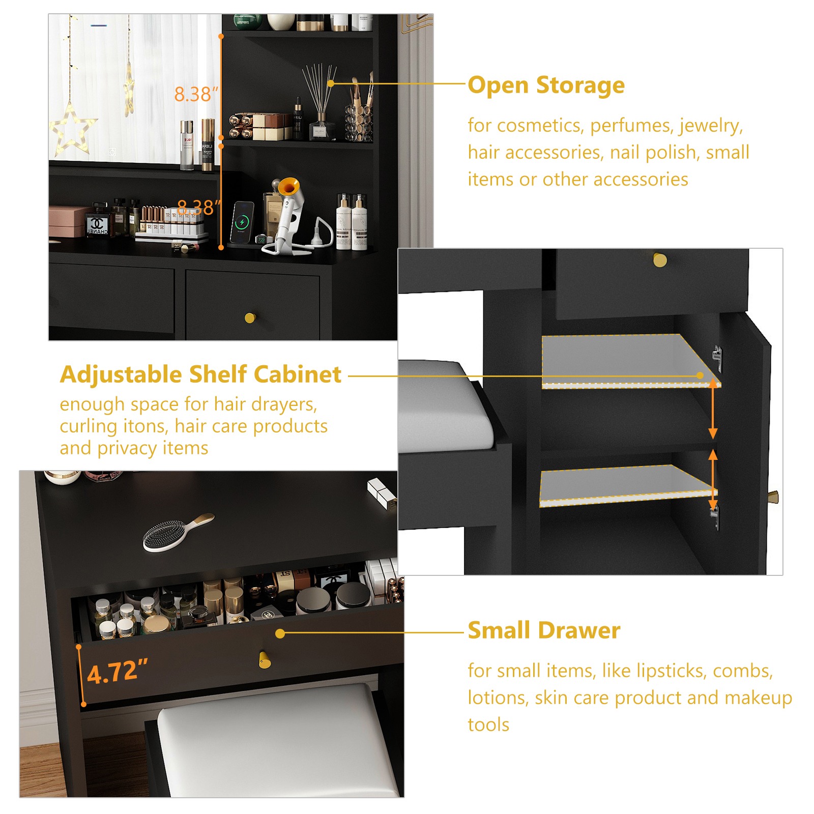 ChVans Black Vanity Desk with LED Light Mirror & Power Outlet, LED Makeup Table with 3 Shelves & 2 Drawers & 3 Level Adjustable Cabinet/Makeup Vanity Stool for Women, Girls