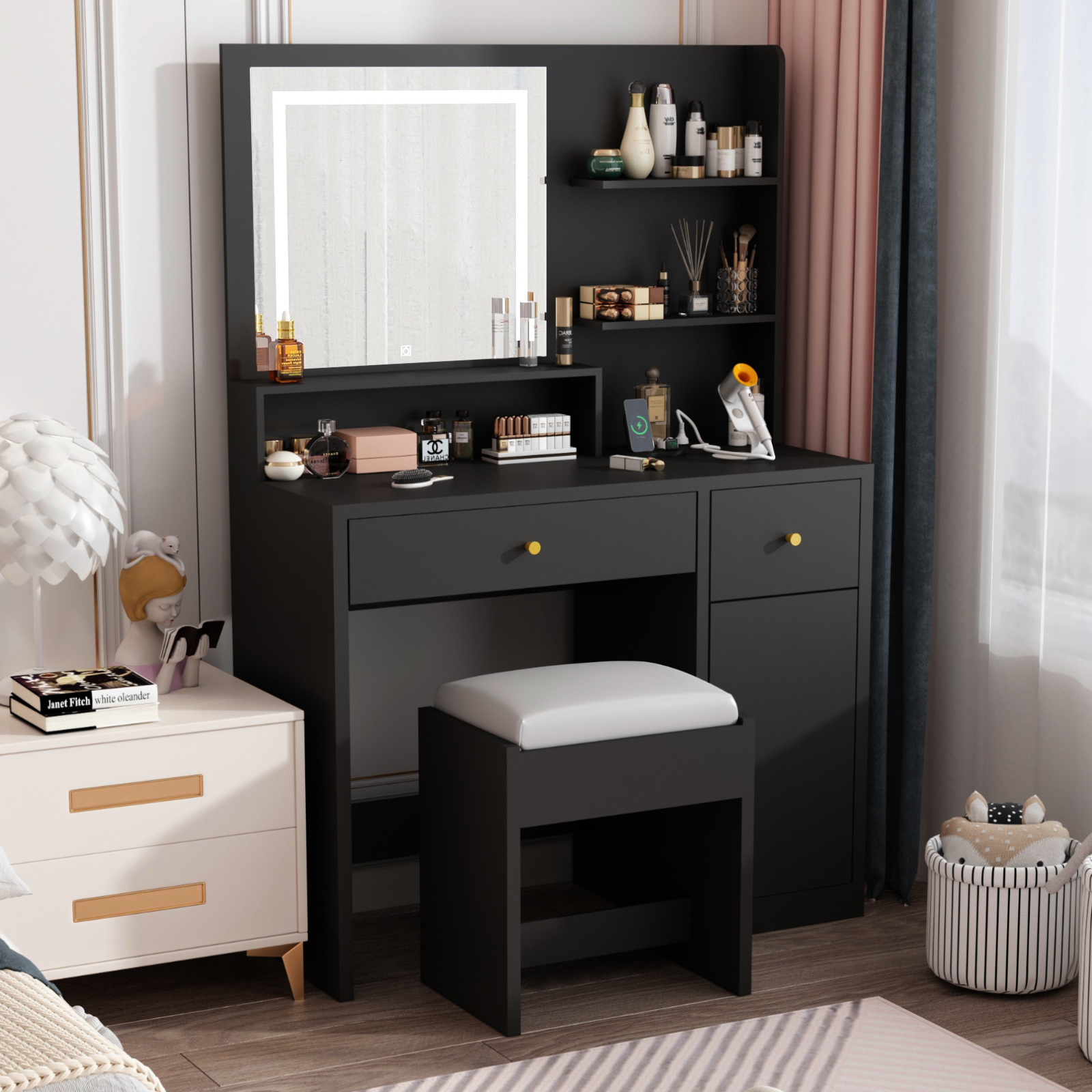 ChVans Black Vanity Desk with LED Light Mirror & Power Outlet, LED Makeup Table with 3 Shelves & 2 Drawers & 3 Level Adjustable Cabinet/Makeup Vanity Stool for Women, Girls