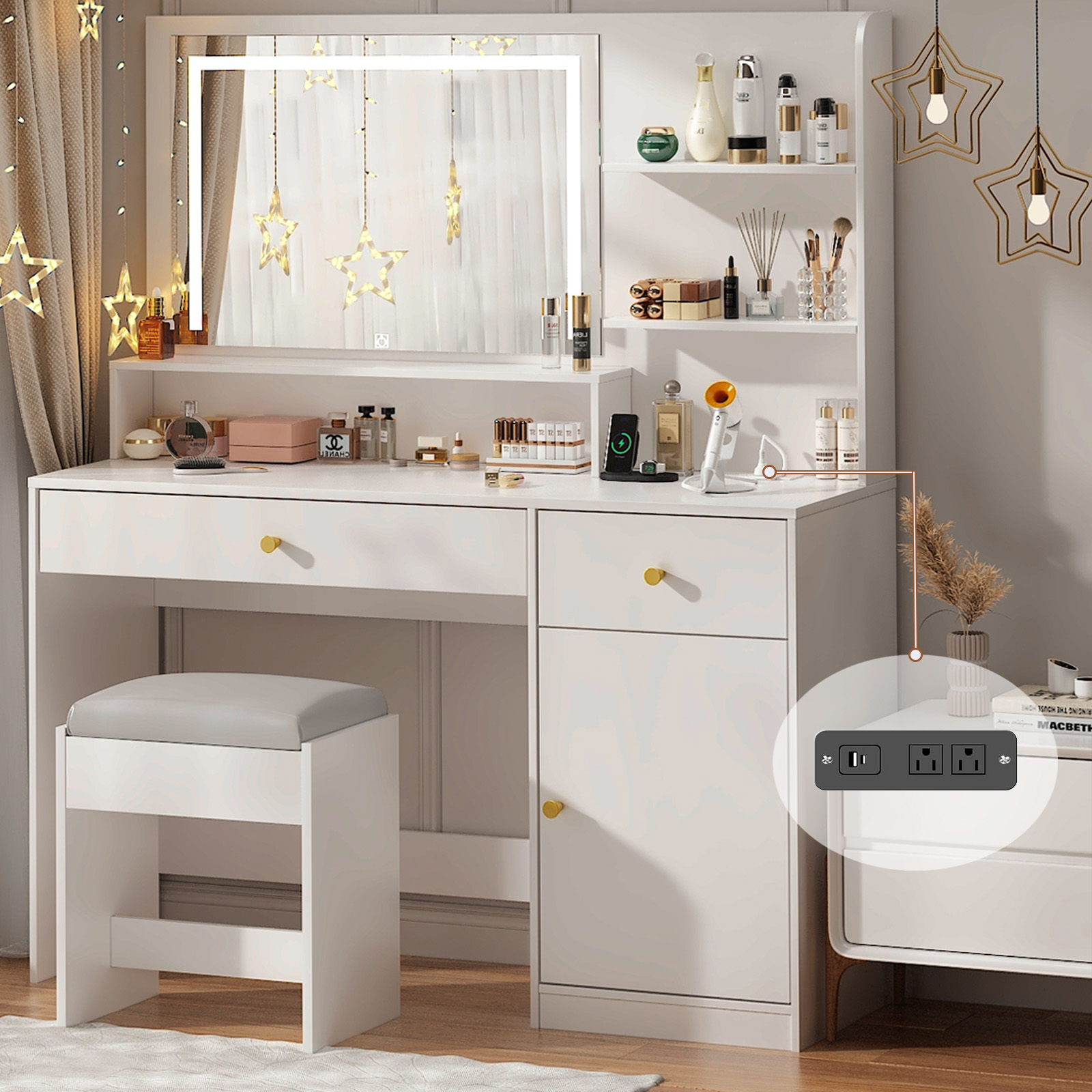 ChVans Black Vanity Desk with LED Light Mirror & Power Outlet, LED Makeup Table with 3 Shelves & 2 Drawers & 3 Level Adjustable Cabinet/Makeup Vanity Stool for Women, Girls