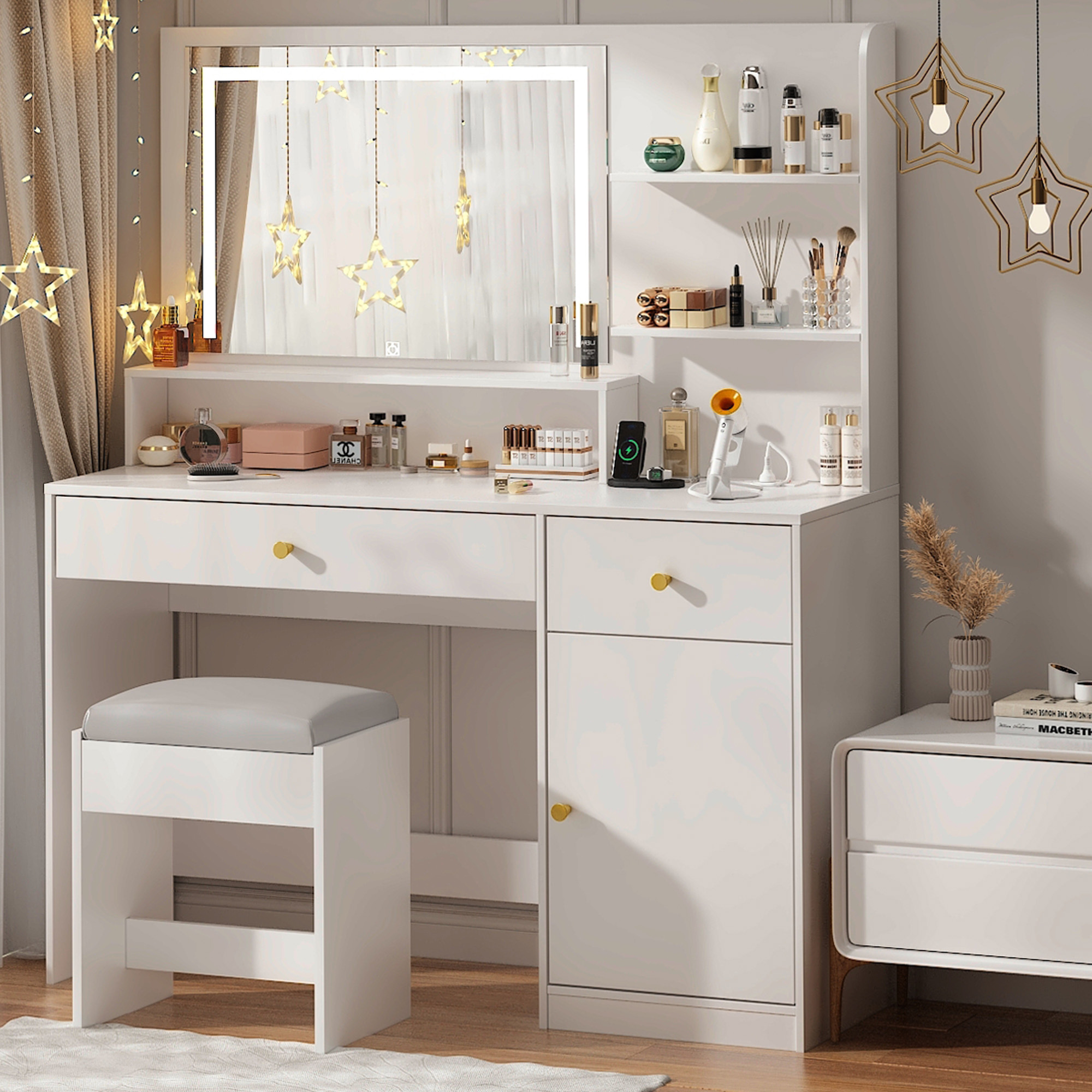 ChVans Black Vanity Desk with LED Light Mirror & Power Outlet, LED Makeup Table with 3 Shelves & 2 Drawers & 3 Level Adjustable Cabinet/Makeup Vanity Stool for Women, Girls