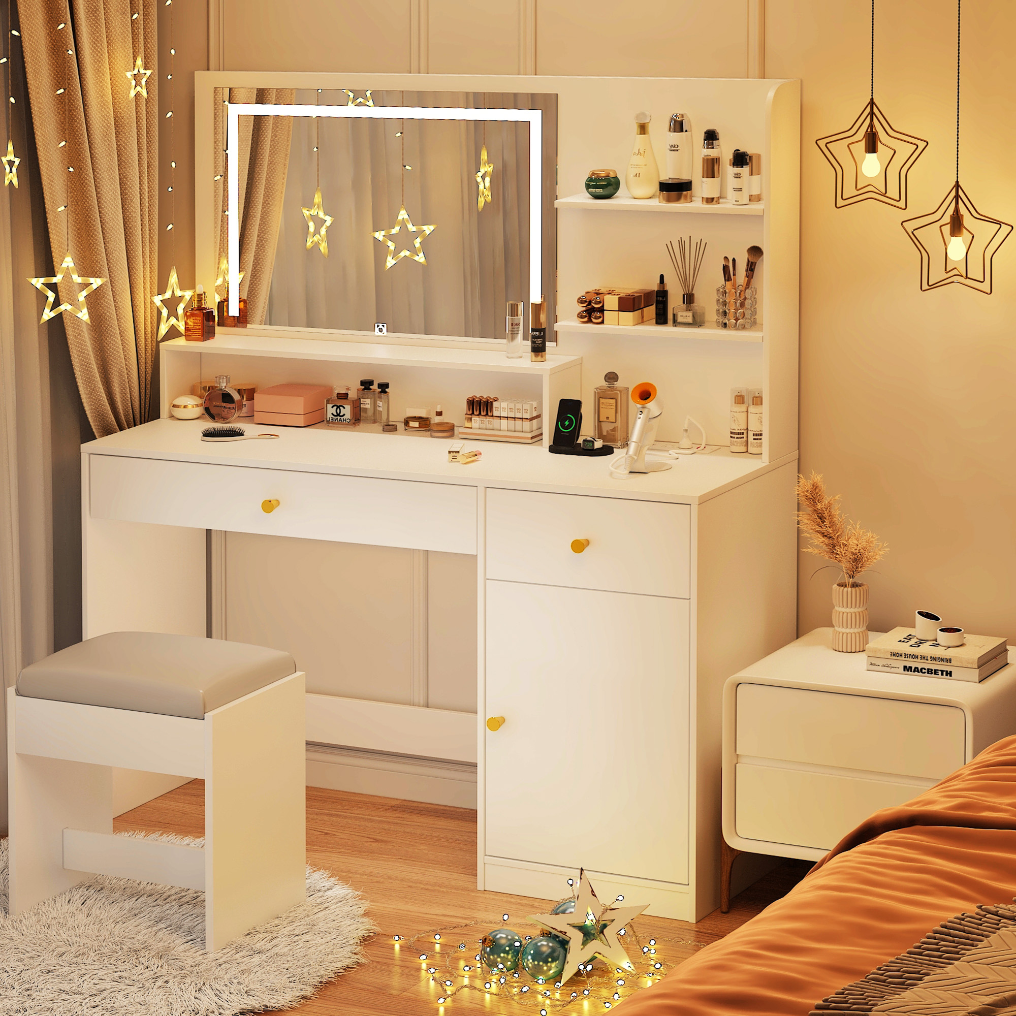 ChVans Black Vanity Desk with LED Light Mirror & Power Outlet, LED Makeup Table with 3 Shelves & 2 Drawers & 3 Level Adjustable Cabinet/Makeup Vanity Stool for Women, Girls